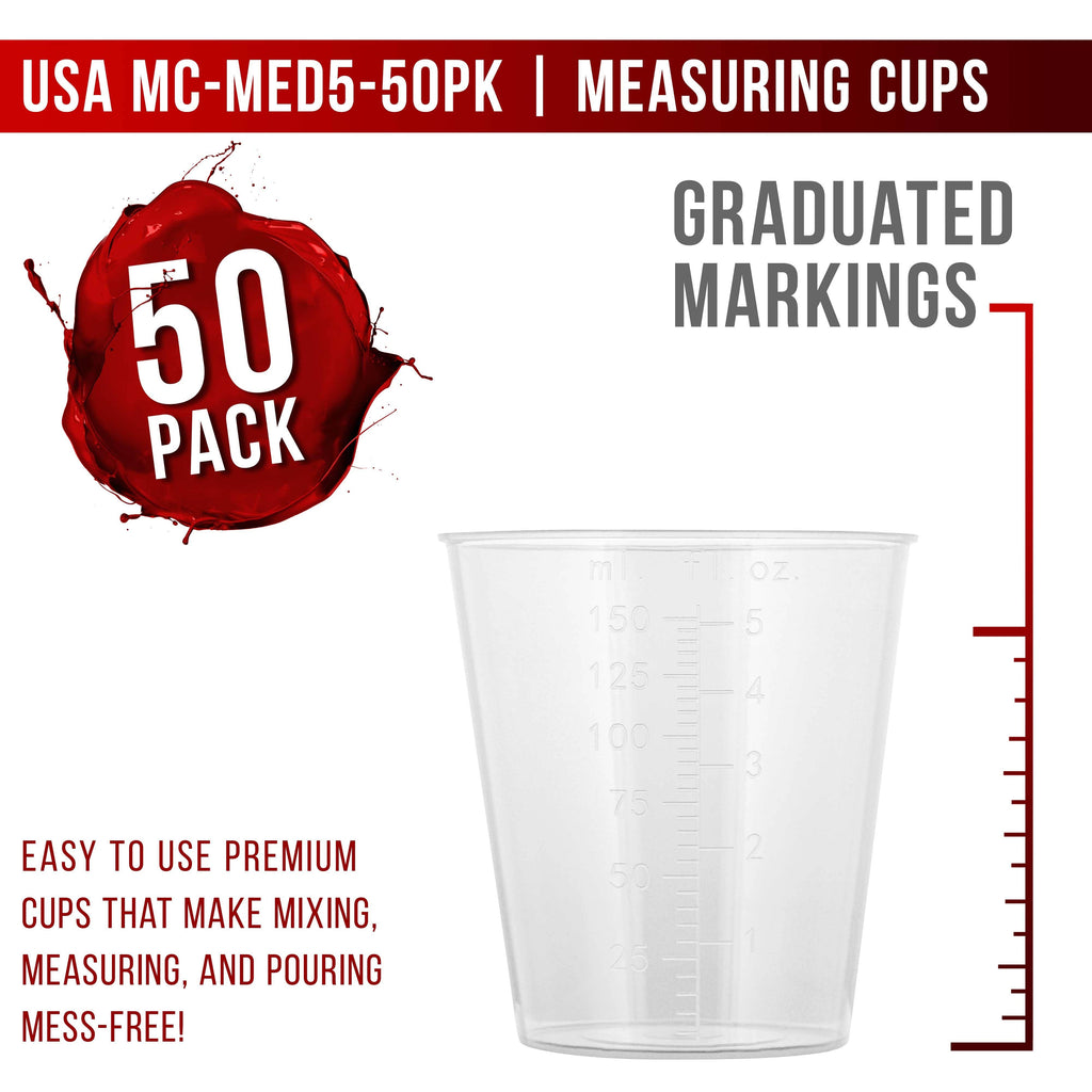 5 Oz (150 ml) Liquid Measuring Cups - Plastic Graduated Cup (50 Pack) with 25 Sticks - Reusable Mixing Cups for Paint, Craft, Kitchen, Lab, Medical Supplies, Epoxy Resin, Art