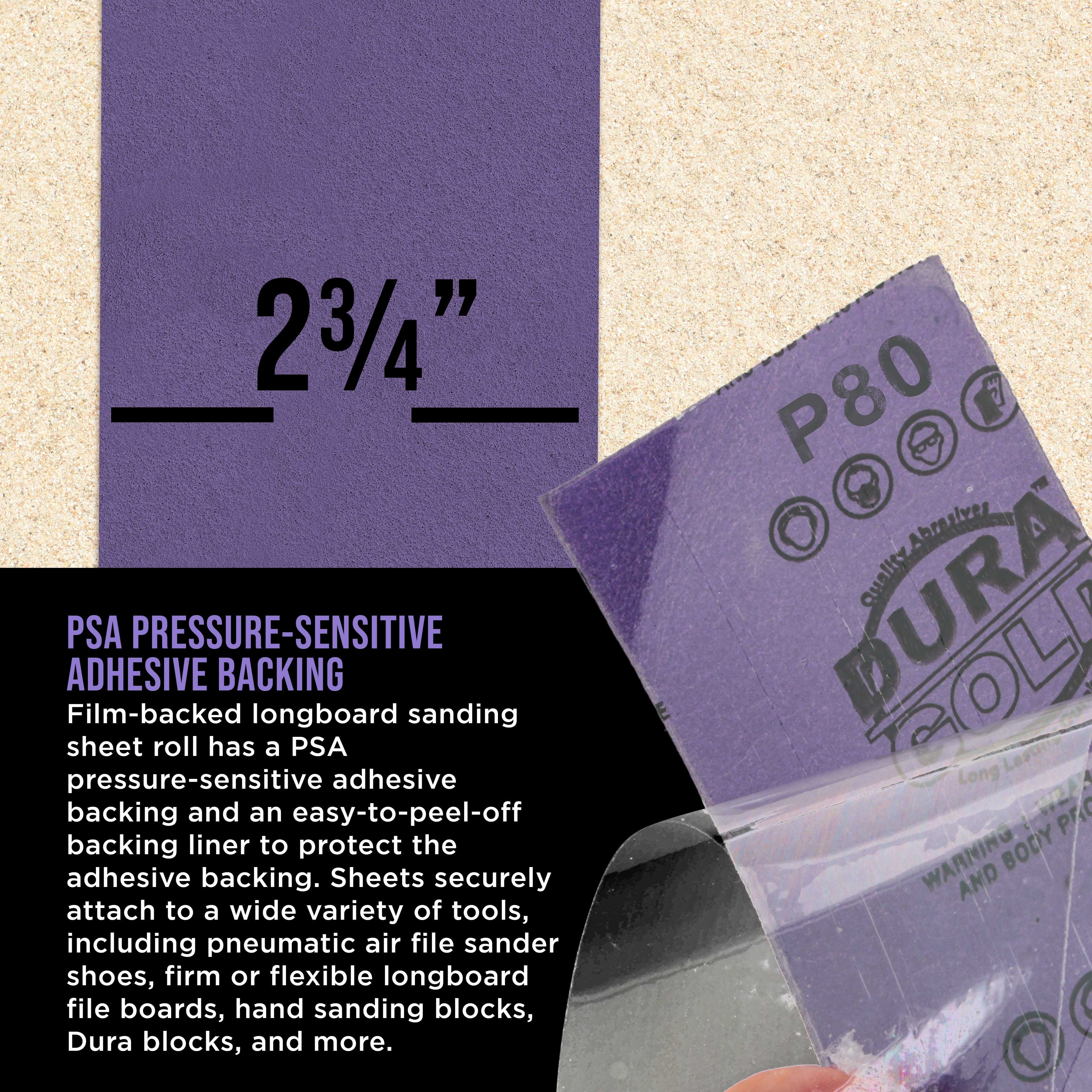 Premium 80 Grit PSA Purple Film Ceramic Longboard Sandpaper, 2-3/4" Wide Continuous 20 Yard Roll - Self Adhesive Stickyback for Auto & Wood Air File Long Board Sanders, Hand Sanding Blocks