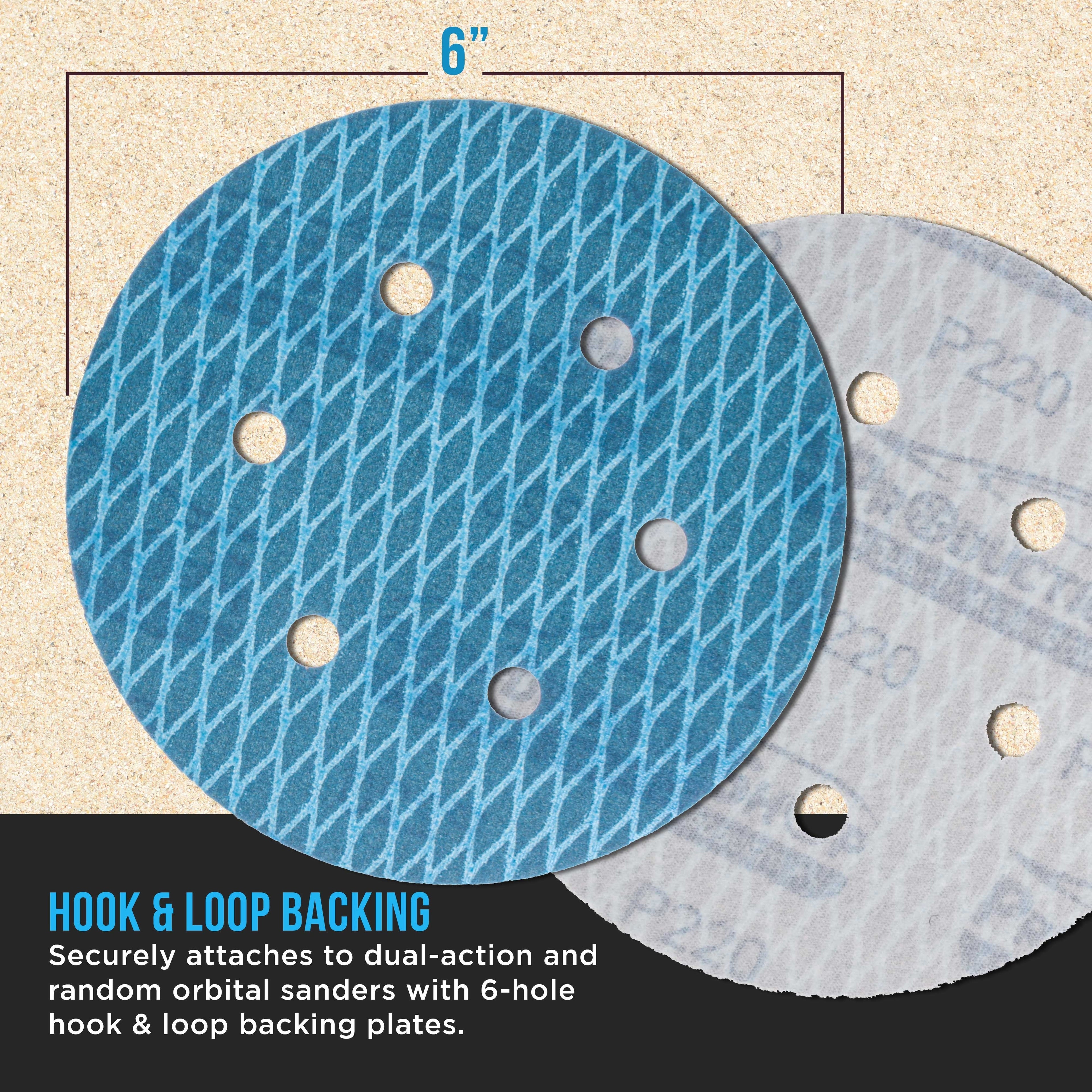 Premium 220 Grit 6" Rhombus Diamond Shape Blue Sanding Discs, 6-Hole, Box of 50 - Hook & Loop Anti-Clogging J-Cloth Dustless Sandpaper for Random Orbital Sanders