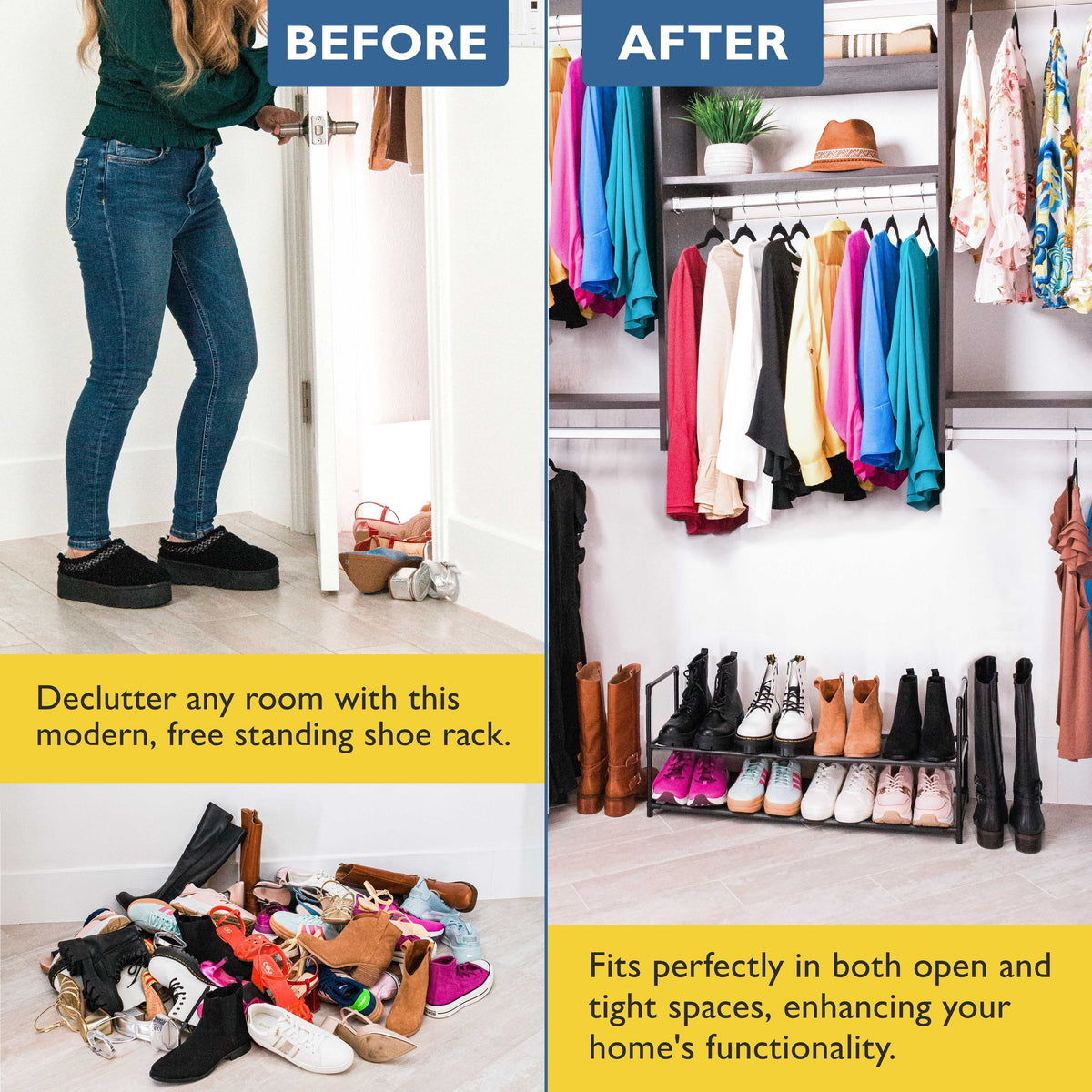 2 Tier Shoe Organizer, Sturdy Long Shoe Rack for Closet, Bedroom, Entryway, Garage, Non Woven Fabric Shelf, Black, Holds Up to 10 Pairs