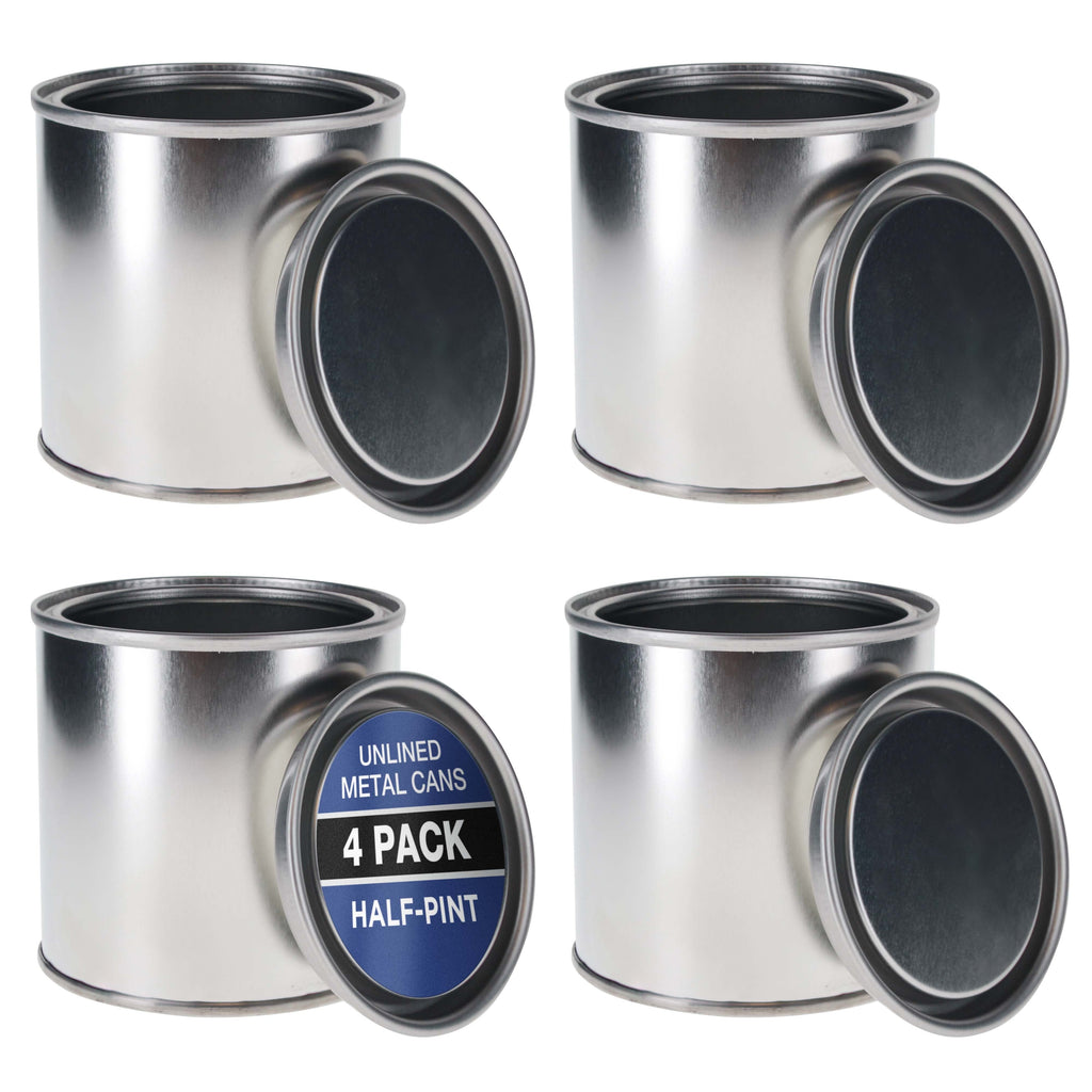 1/2 Pint Unlined Empty Metal Paint Can Bucket with Lids, Pack of 4 - Triple Tight Lid Seal, 8 fl. oz. Steel Coating Storage Container Tin