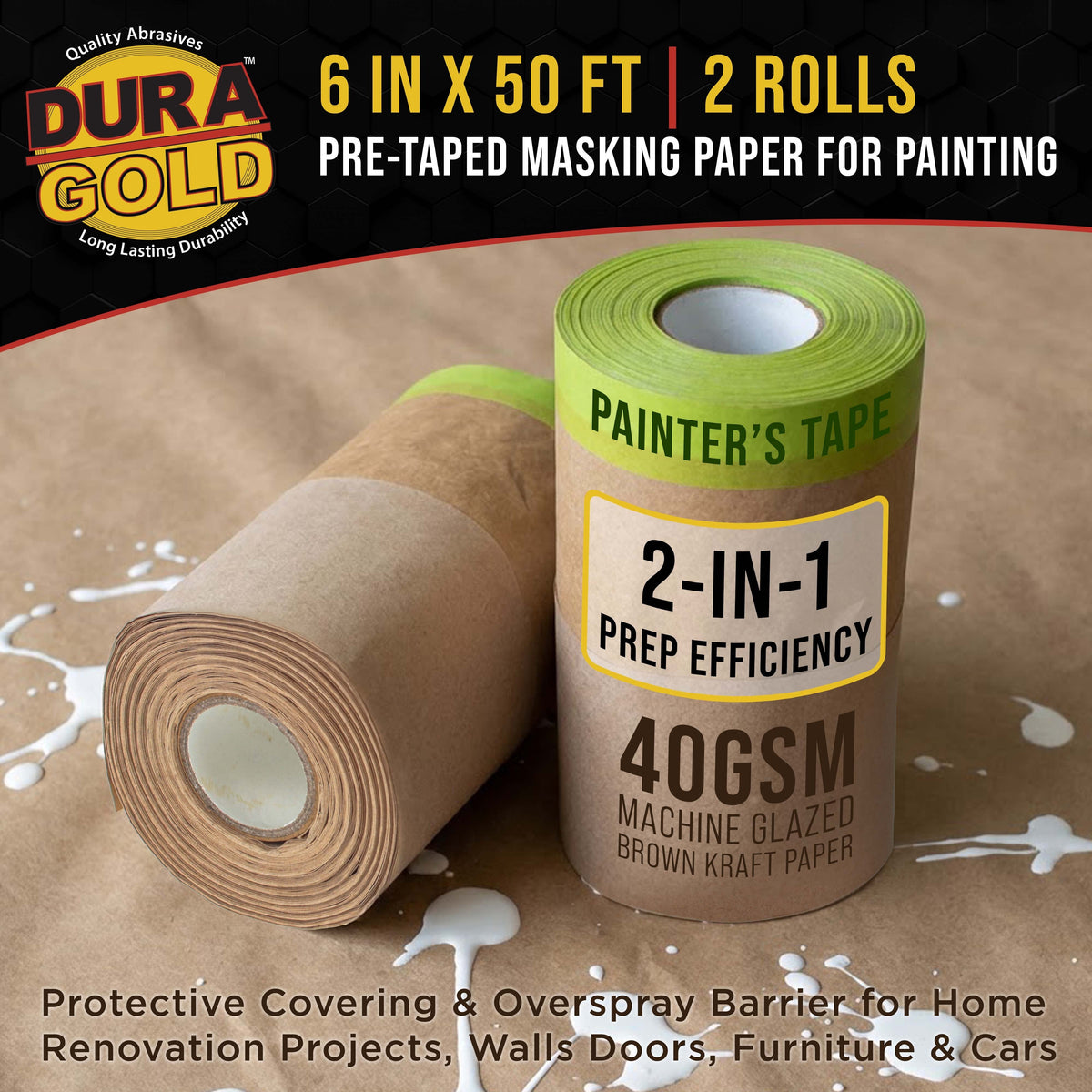 Pre-Taped Masking Paper for Painting (6" x 50', 2 Rolls) - Tape and Drape Painters Paper, Protective Covering, Overspray Barrier
