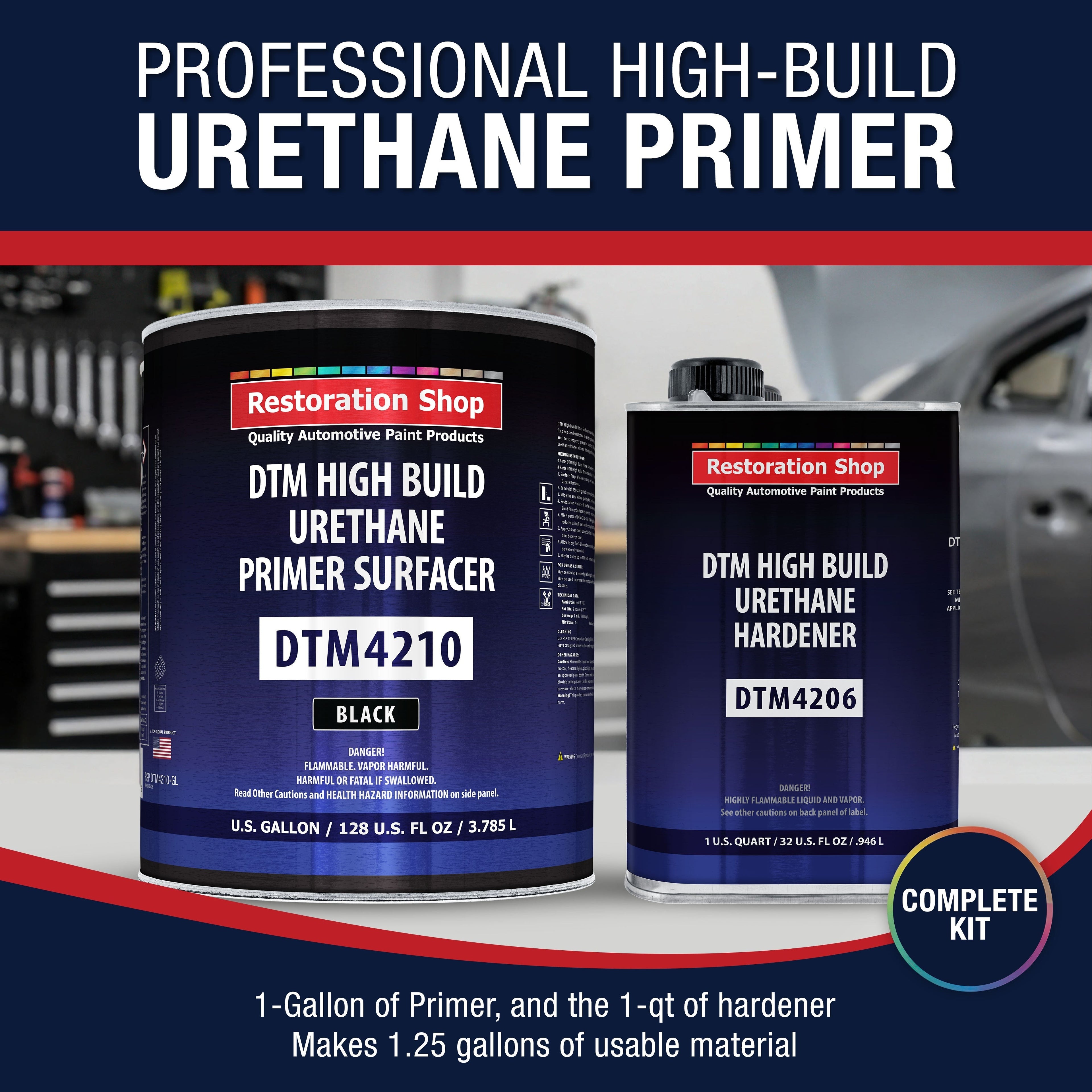 1.25 Gallon 2K High Build Primer Automotive Paint Kit - 1 Gal. Black Urethane Primer Surfacer, 1 Qt Hardener, 4:1 Mix Ratio