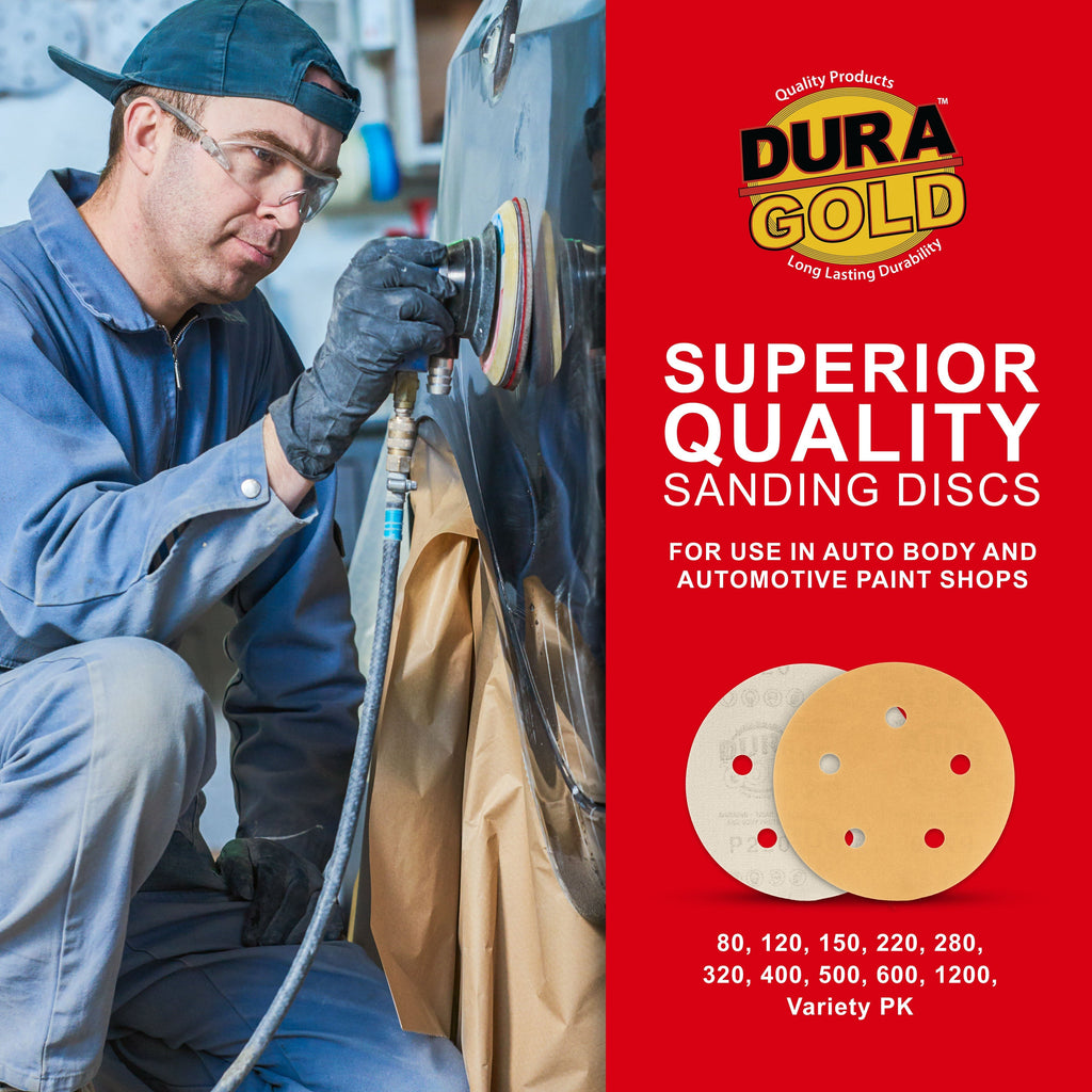 280 Grit - 5" Gold DA Sanding Discs - 5-Hole Pattern Hook and Loop - Box of 50