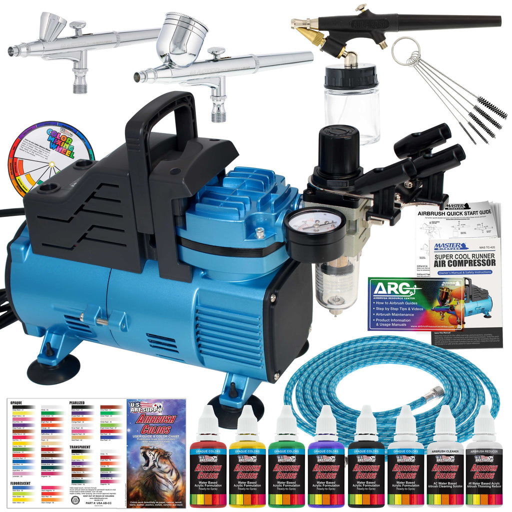 Super Cool Runner Dual Fan Air Compressor Professional Airbrushing System Kit with 3 Airbrushes, Gravity & Siphon Feed - 6 Primary Opaque Colors