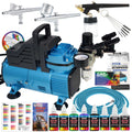 Super Cool Runner Dual Fan Air Compressor Professional Airbrushing System Kit with 3 Airbrushes, Gravity & Siphon Feed - 6 Primary Opaque Colors