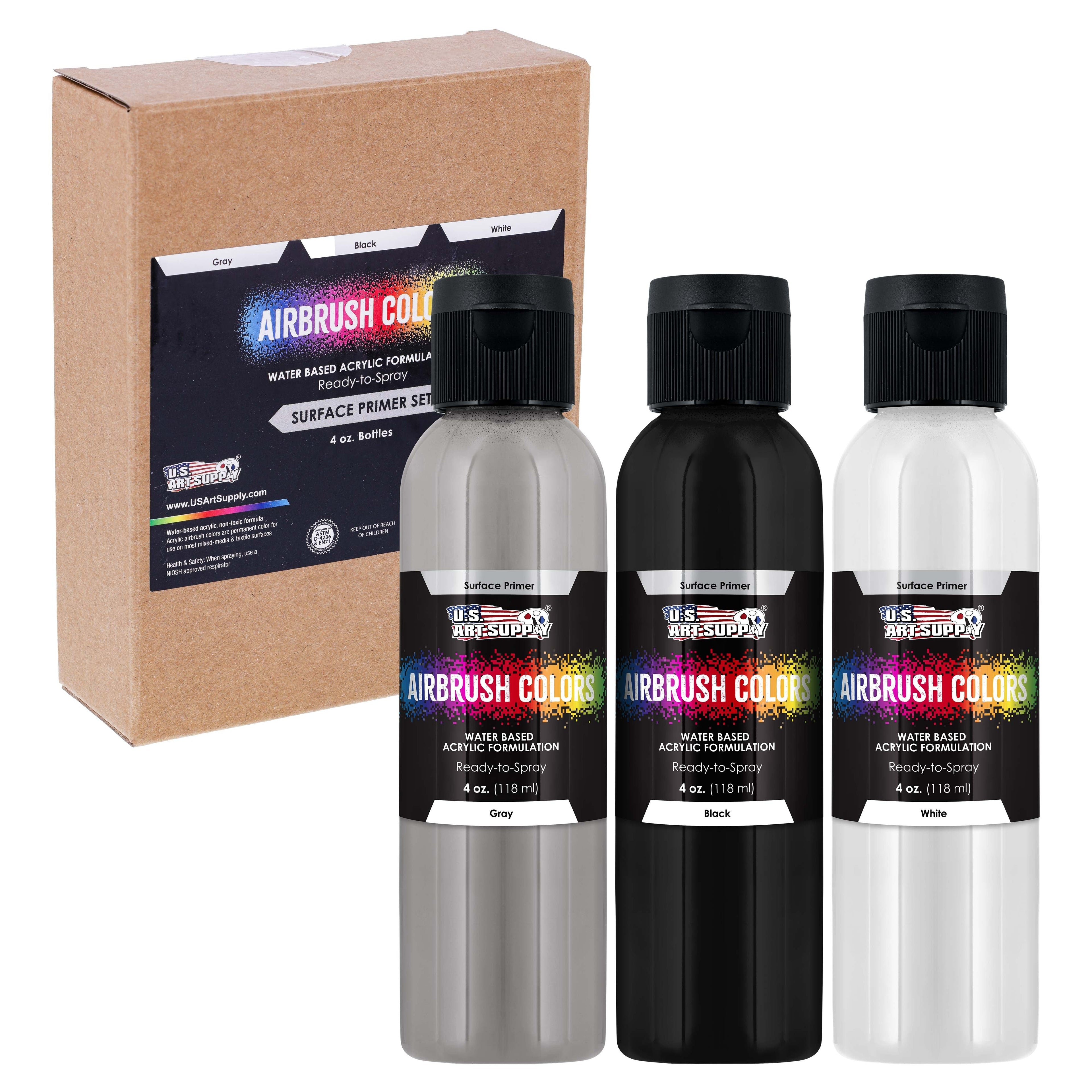 Surface Primer Airbrush Paint Set - Black, White, Gray (4 oz) - Acrylic Primer Paint, Water-Based Acrylic Polyurethane for Miniatures, Models, Plastic, Metal, Wood, Canvas, 3D Prints