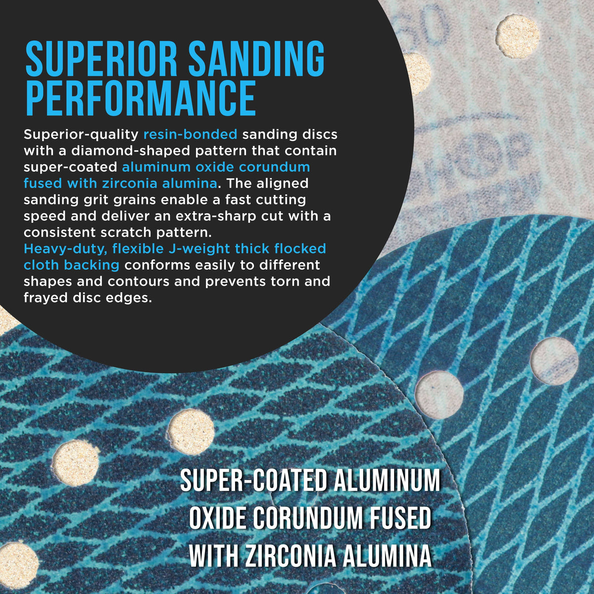Premium 220 Grit 5" Rhombus Diamond Shape Blue Sanding Discs, 8-Hole, Box of 50 - Hook & Loop Anti-Clogging J-Cloth Dustless Sandpaper for Random Orbital Sanders