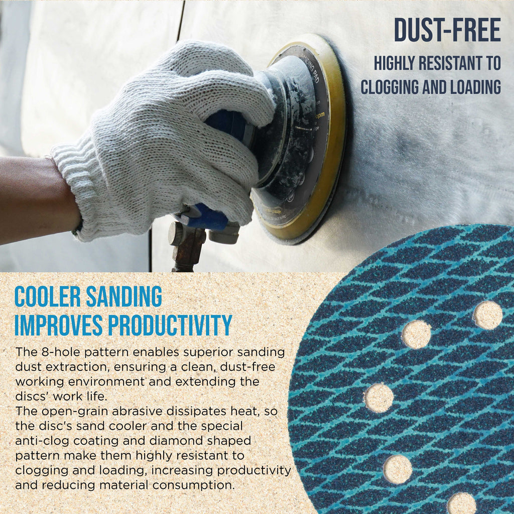 Premium 220 Grit 5" Rhombus Diamond Shape Blue Sanding Discs, 8-Hole, Box of 50 - Hook & Loop Anti-Clogging J-Cloth Dustless Sandpaper for Random Orbital Sanders