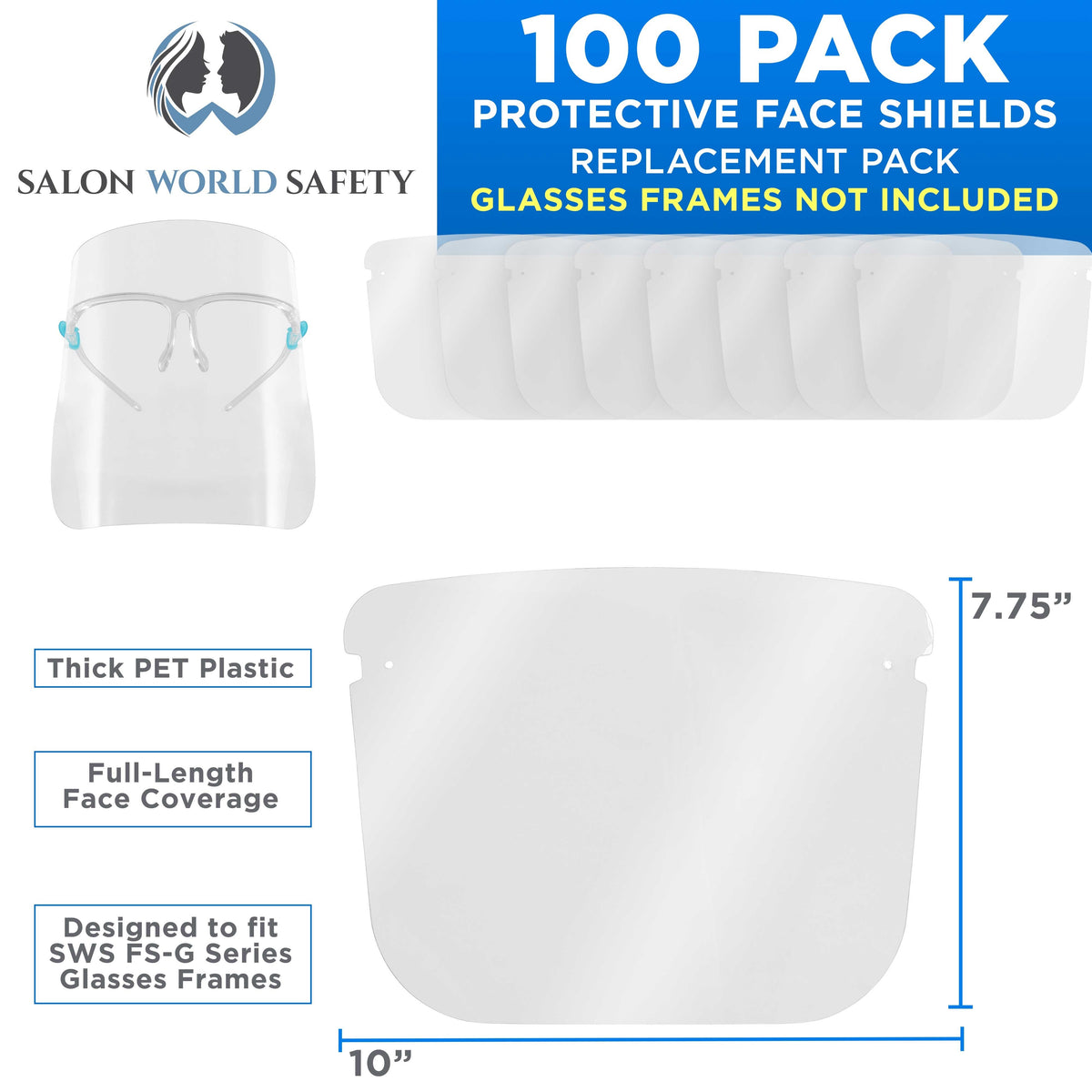 Replacement Face Shields Only (10 Packs of 10), Glasses Frames Not Included, Ultra Clear, Protect Eyes Mouth, Anti-Fog PET Plastic