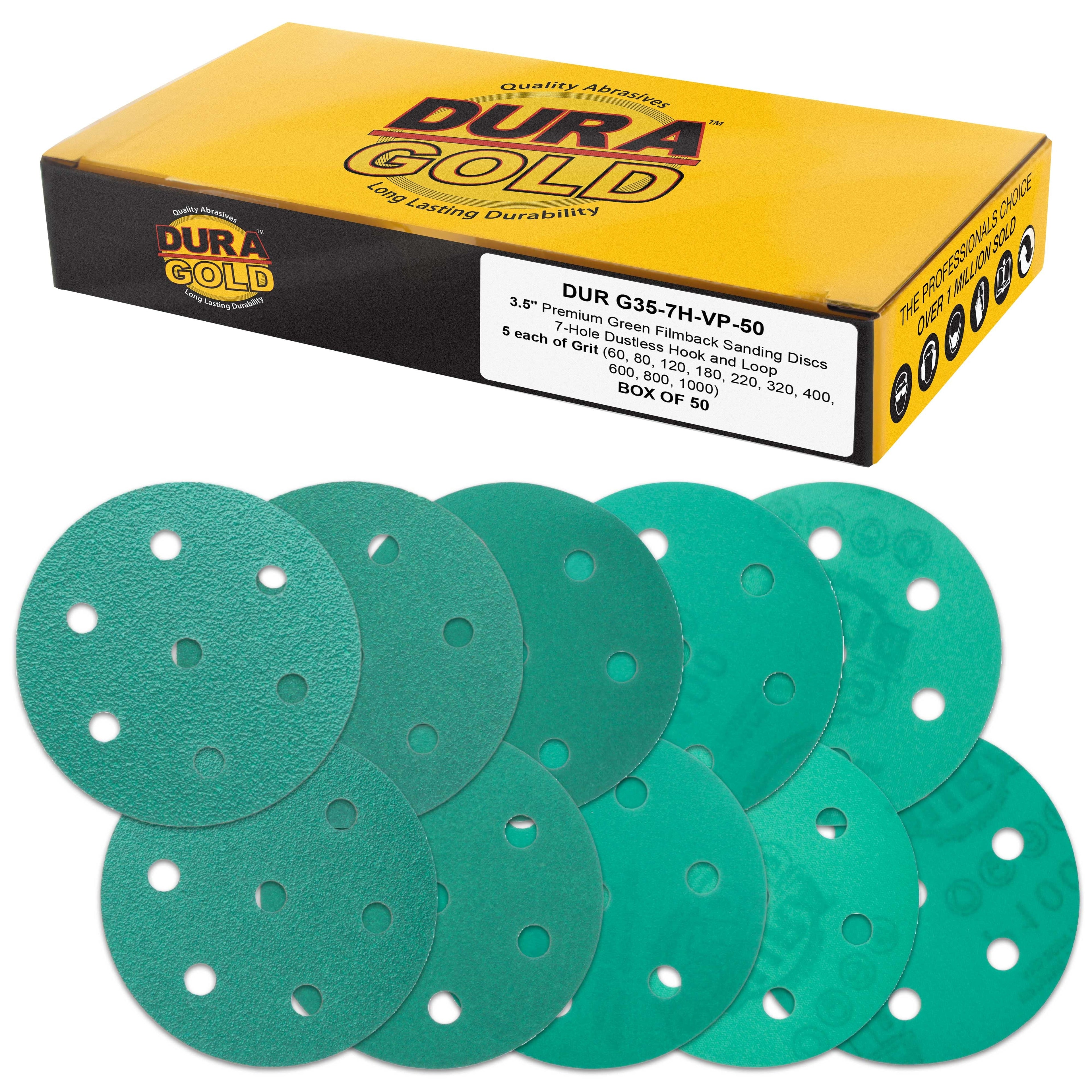 3.5" (90mm) Green Film Sanding Discs, 7-Hole Pattern, 50 Disc Variety Pack, Grits 60, 80, 120, 180, 220, 320, 400, 600, 800, 1000 - Heavy-Duty Hook & Loop Sandpaper, Random Orbital Sander