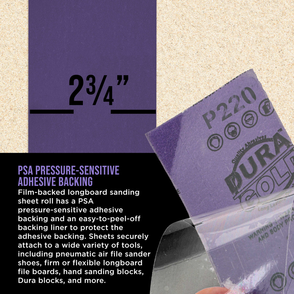 Premium 220 Grit PSA Purple Film Ceramic Longboard Sandpaper, 2-3/4" Wide Continuous 20 Yard Roll - Self Adhesive Stickyback for Auto & Wood Air File Long Board Sanders, Hand Sanding Blocks