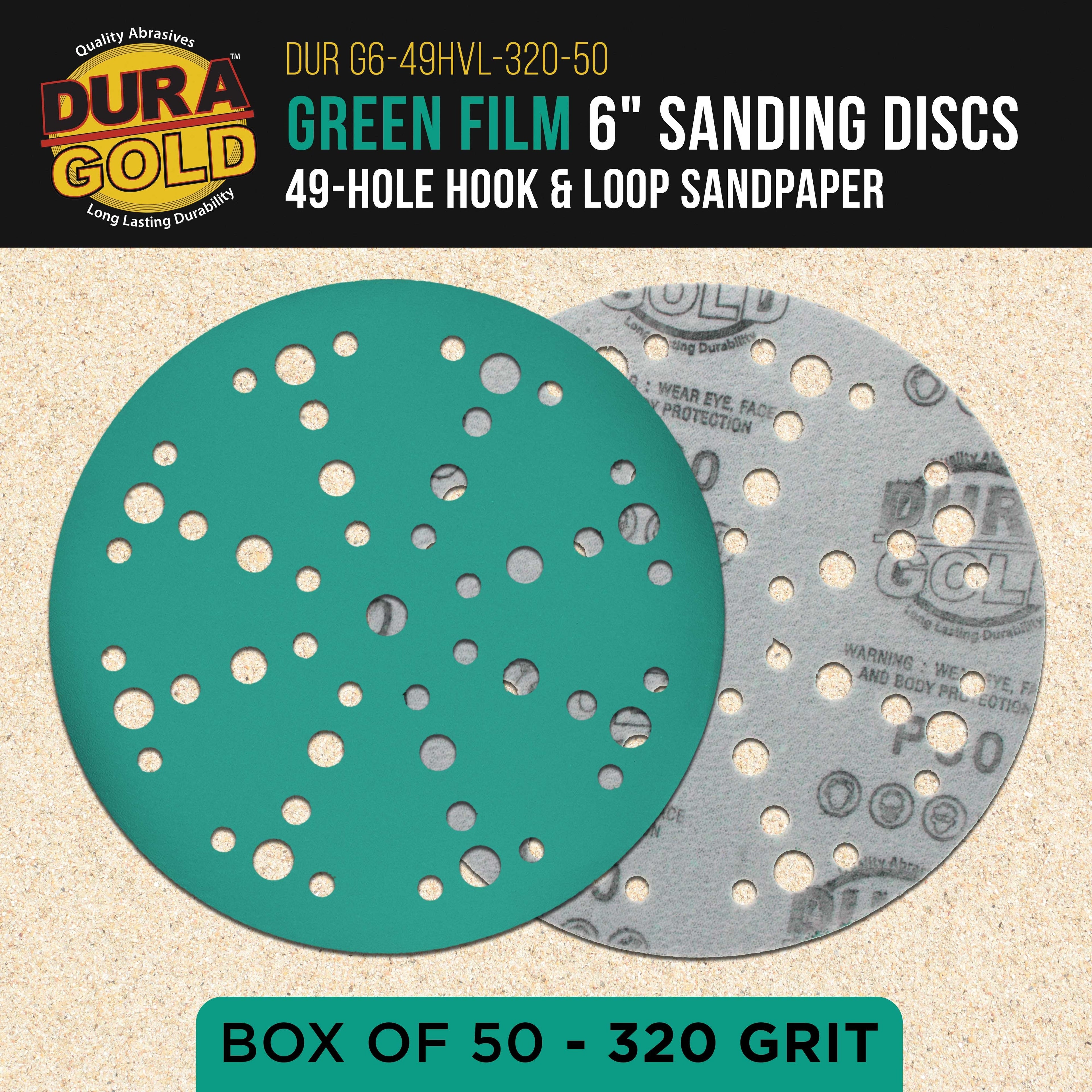 320 Grit 6" Green Film Sanding Discs, 49-Hole Pattern, Box of 50 - Heavy-Duty Dustless Hook & Loop Backing Sandpaper for DA & Random Orbital Sanders, Sand Auto Paint, Wood Furniture