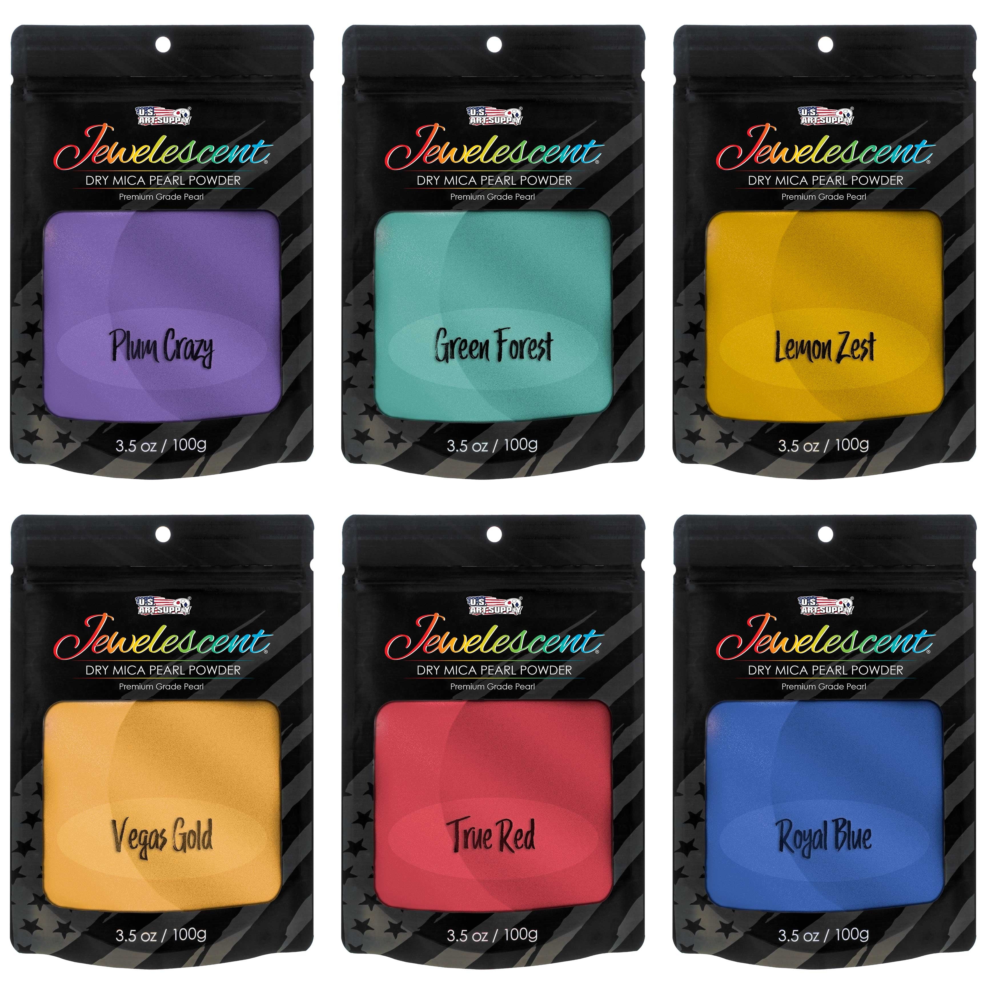 Jewelescent Mica Pearl Pigment Powder Kit, 6 Basic Colors, 3.5 oz (100g) Pouches - Cosmetic Grade, Epoxy Resin Color Pigment, Mica Powder for Resin, Soap, Slime, Candle Dye, Art