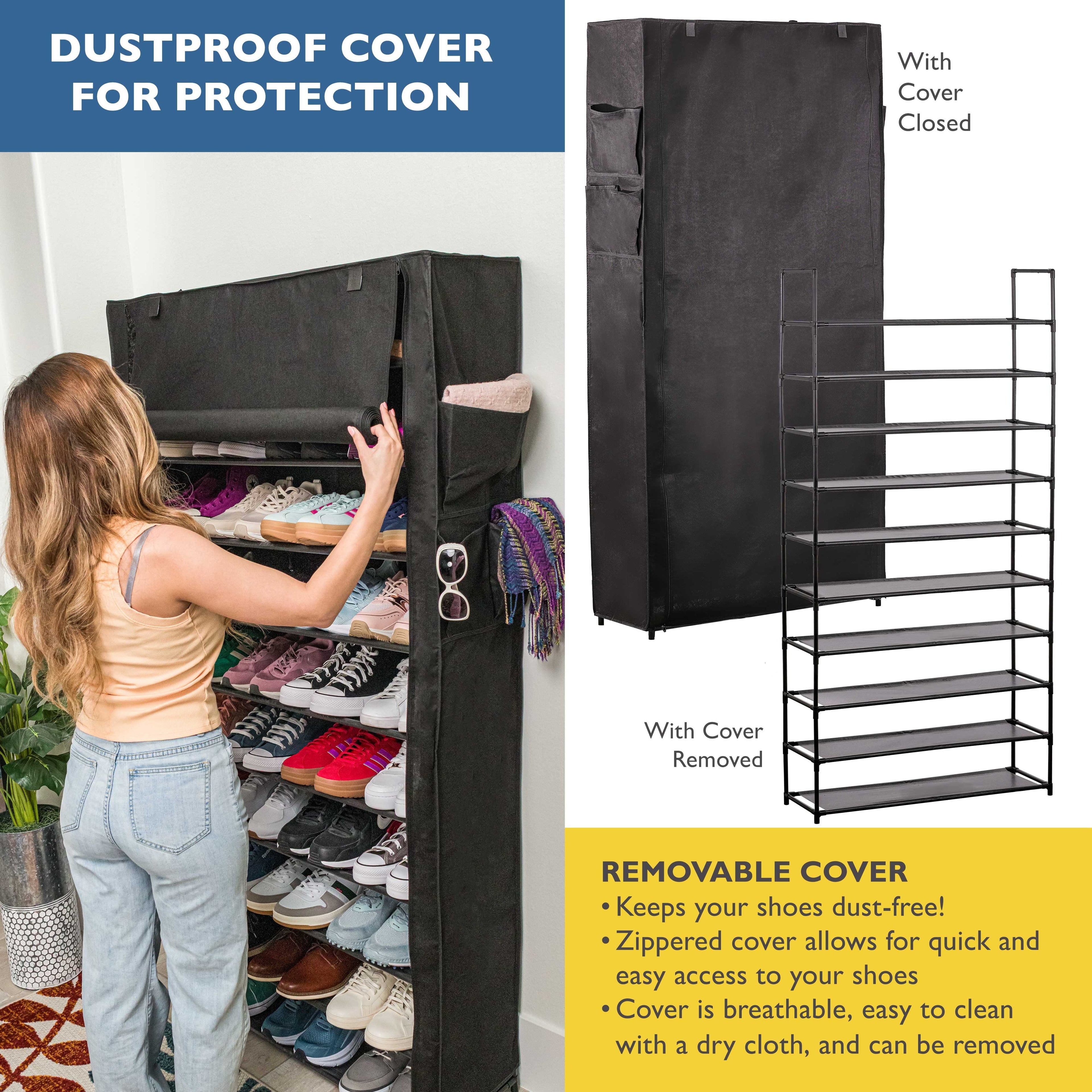10 Tier Shoe Organizer, Sturdy Tall Shoe Rack for Closet, Bedroom, Garage, Non Woven Fabric Shelf, Black, Holds Up to 50 Pairs
