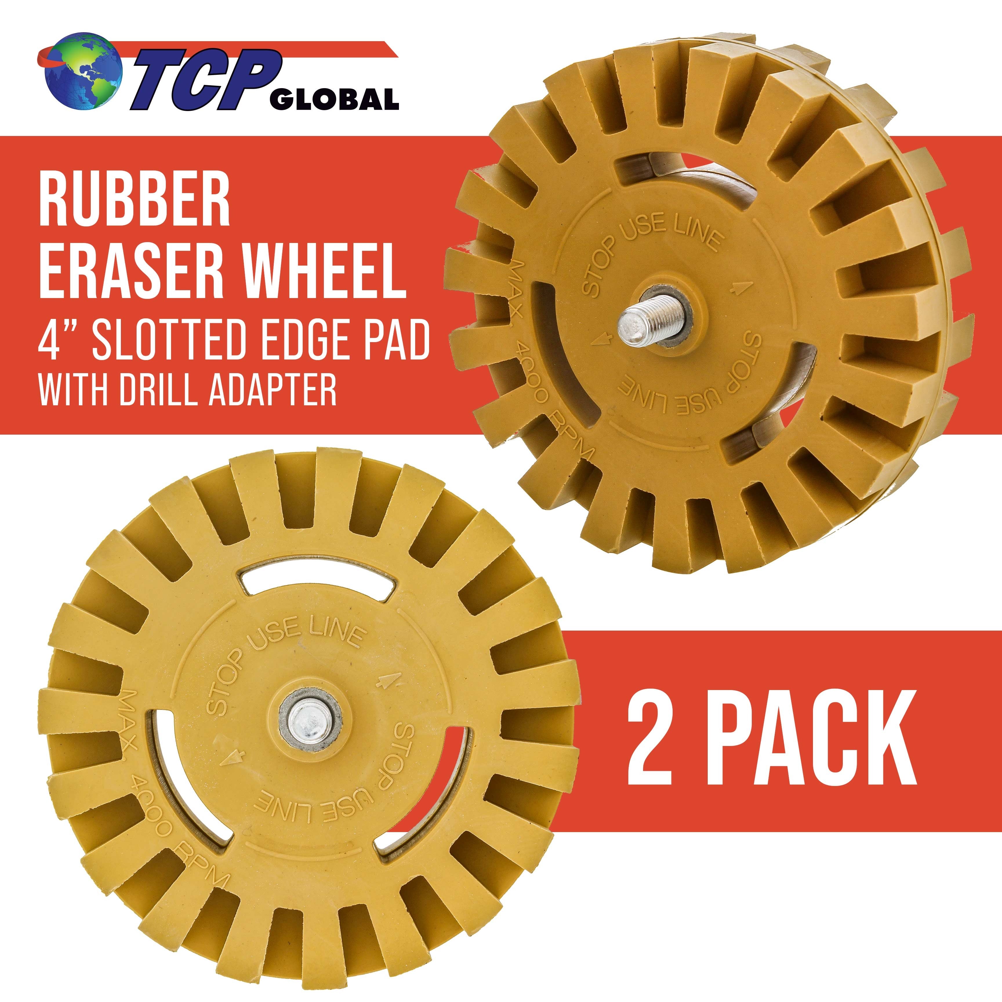Rubber Eraser Wheel with Drill Adapter (2 Pack) - 4" Knobby Slotted Edge Pad - Decal Remover Wheel - Sticker Remover Tool - Removes Adhesives on Car