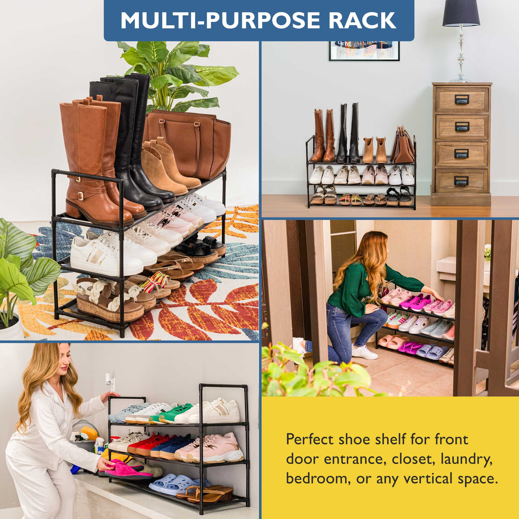 3 Tier Shoe Organizer, Sturdy Long Shoe Rack for Closet, Bedroom, Entryway, Garage, Non Woven Fabric Shelf, Black, Holds Up to 15 Pairs