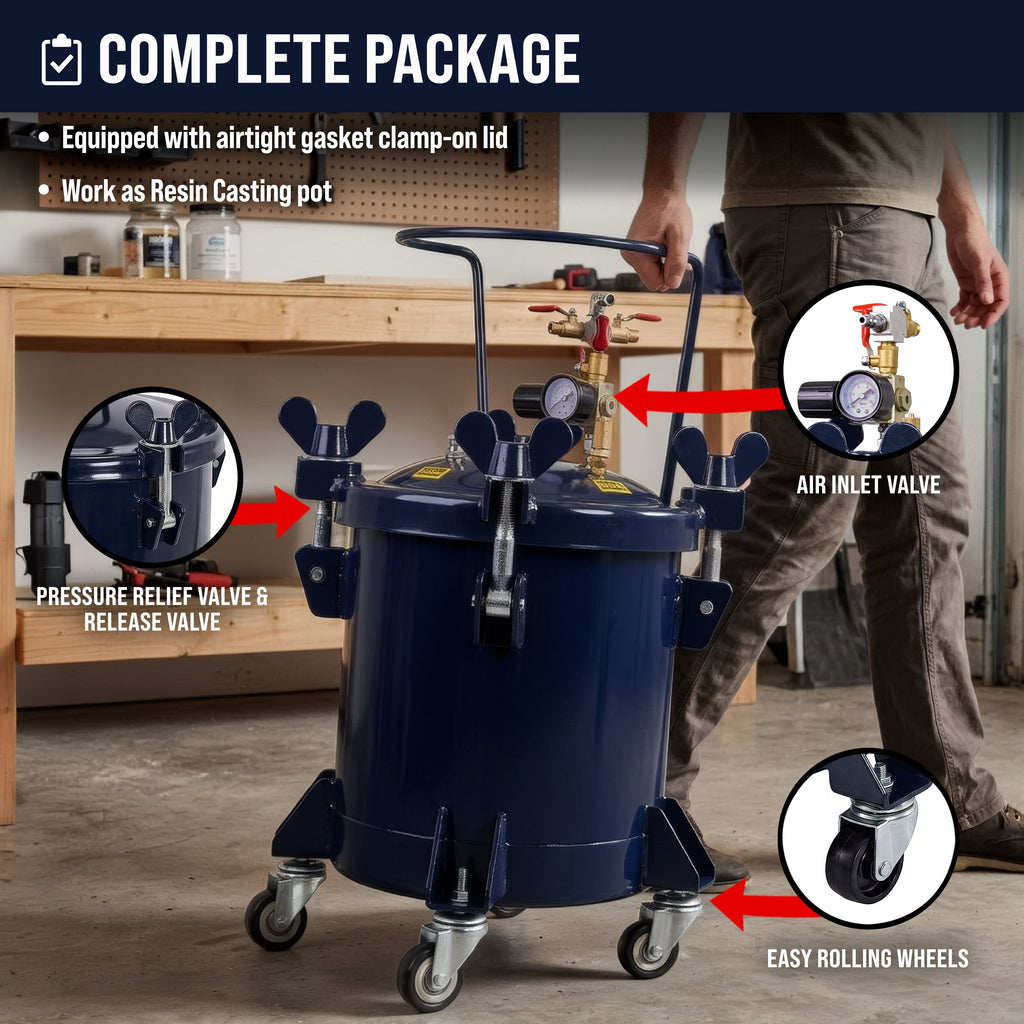 2.5 Gallon (10 Liter) Heavy Duty Steel Pressure Pot for Resin Casting with Clamp on Lid, Caster Wheels, Regulator & Gauge, Large Volume Epoxy Resin