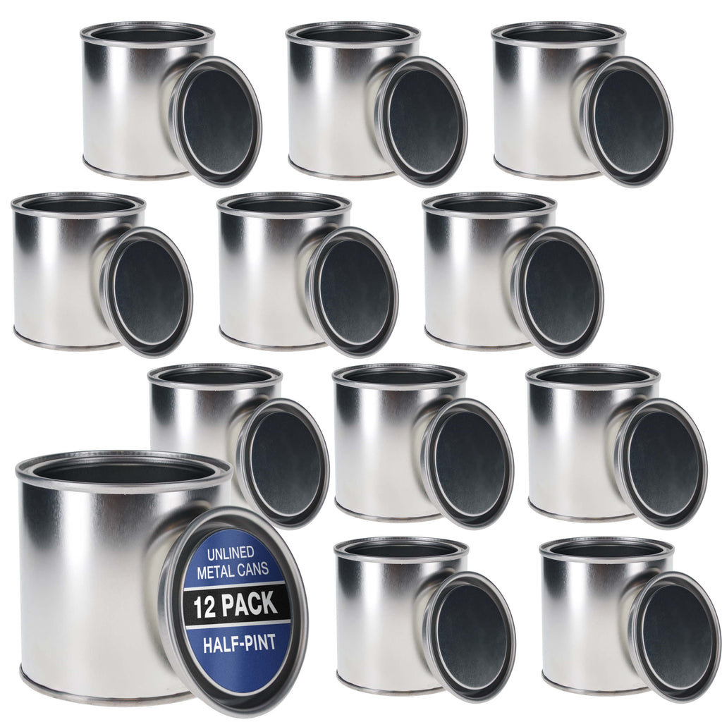 1/2 Pint Unlined Empty Metal Paint Can Bucket with Lids, Pack of 12 - Triple Tight Lid Seal, 8 fl. oz. Steel Coating Storage Container Tin