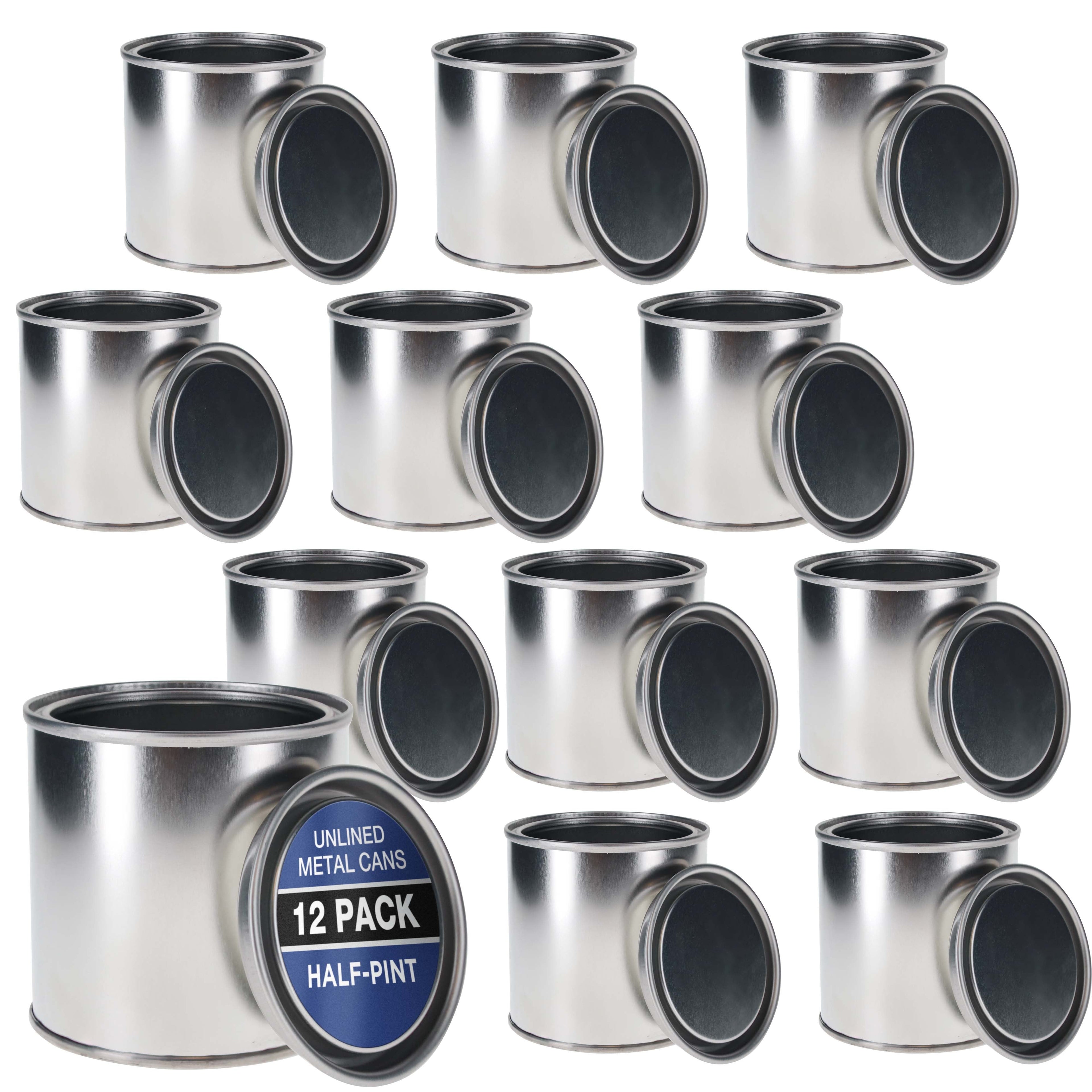 1/2 Pint Unlined Empty Metal Paint Can Bucket with Lids, Pack of 12 - Triple Tight Lid Seal, 8 fl. oz. Steel Coating Storage Container Tin
