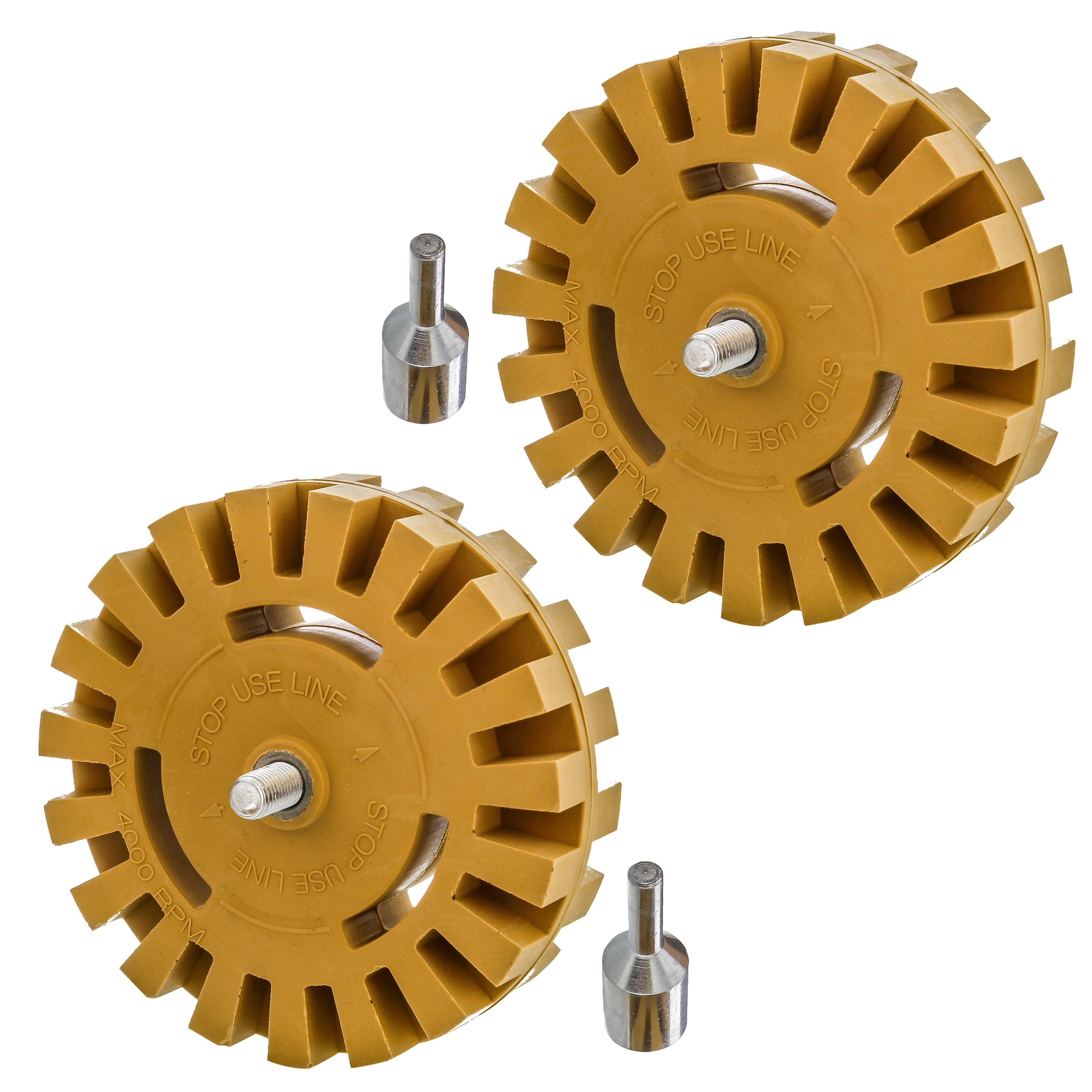 Rubber Eraser Wheel with Drill Adapter (2 Pack) - 4" Knobby Slotted Edge Pad - Decal Remover Wheel - Sticker Remover Tool - Removes Adhesives on Car