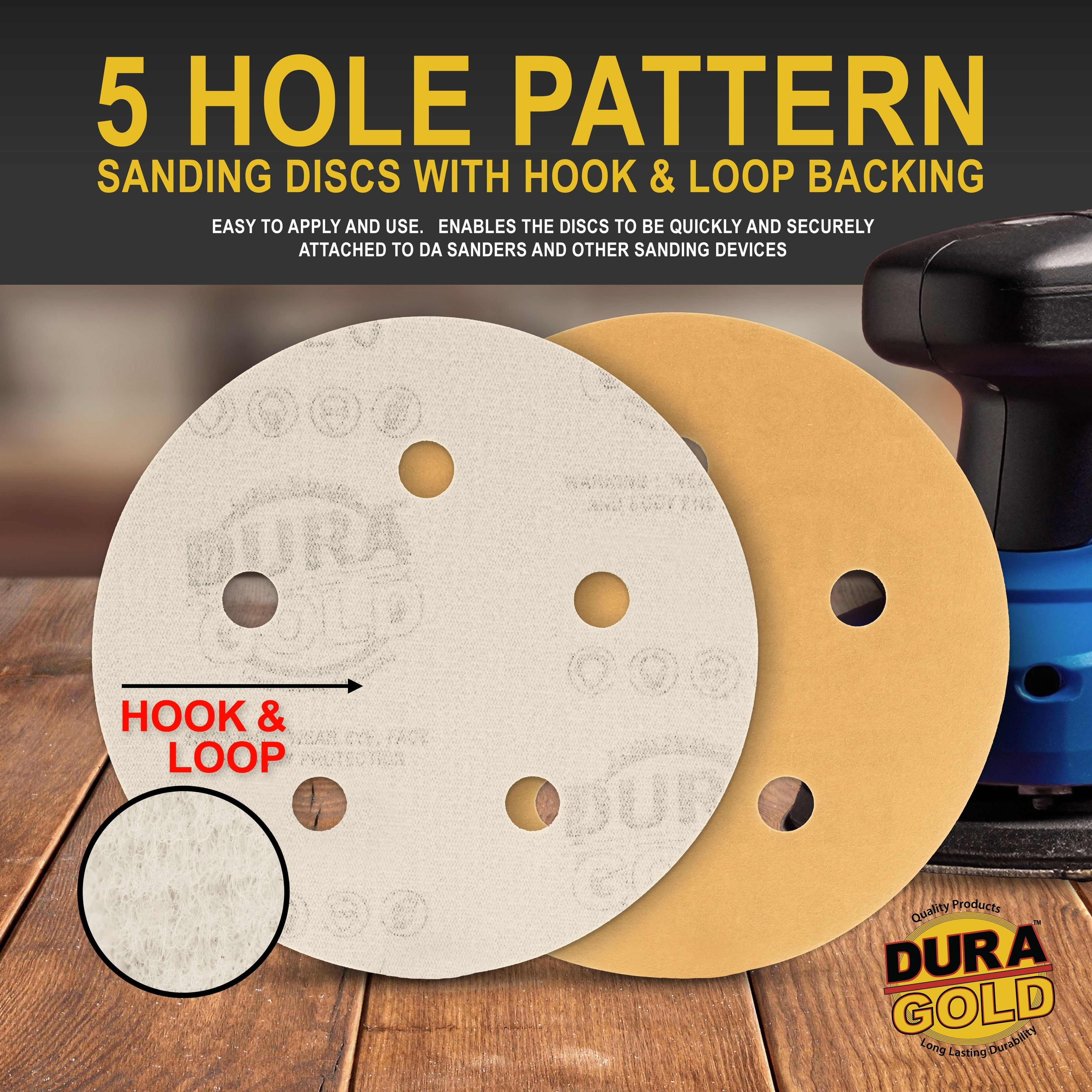 280 Grit - 5" Gold DA Sanding Discs - 5-Hole Pattern Hook and Loop - Box of 50