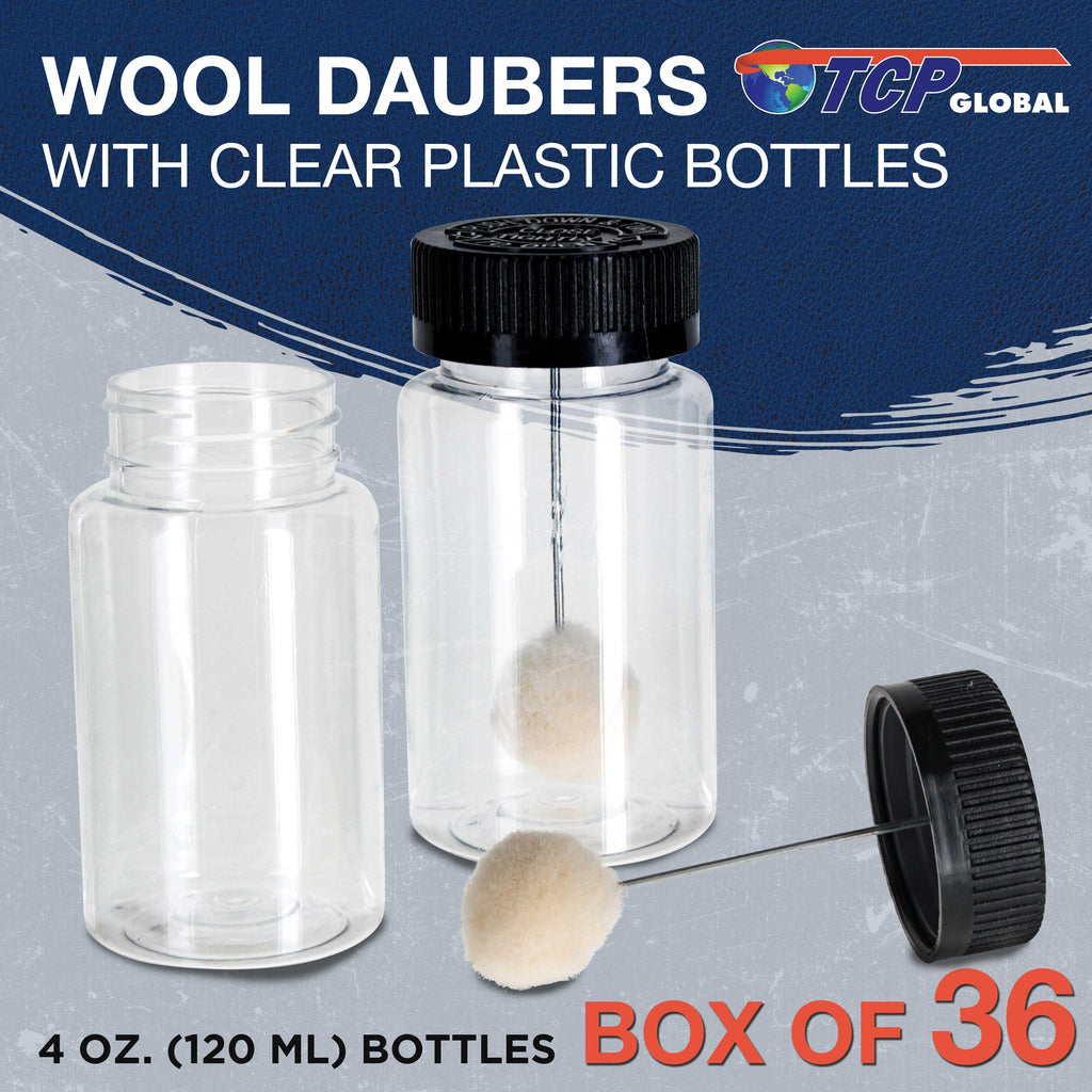 36-Pack Wool Daubers with Clear Plastic Bottles, 4 oz. (120 ml) - Safety Lids, Applicator Ball Brushes for Leather Dye, Dyeing, Painting, Gluing, DIY