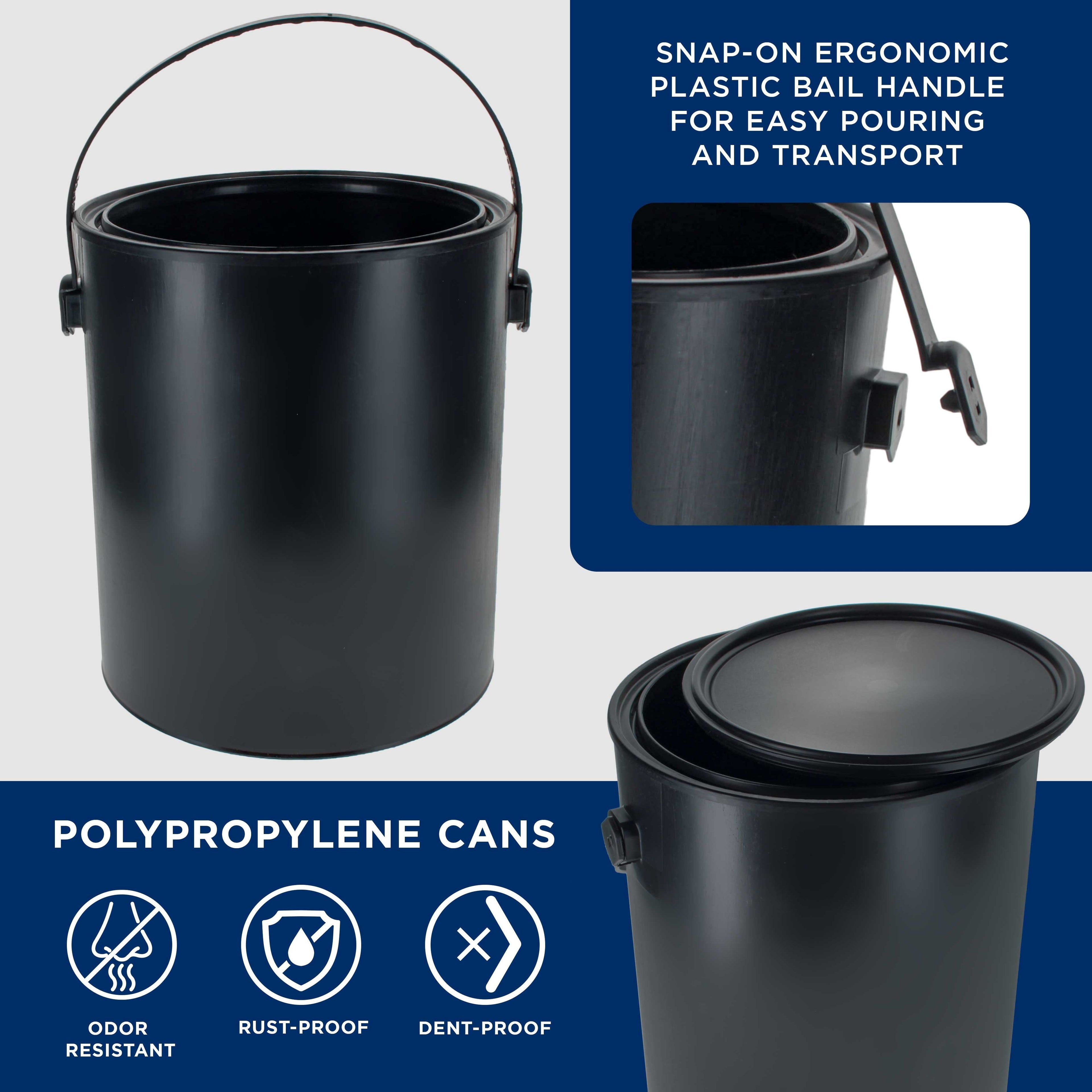 1 Gallon Empty Plastic Paint Can Bucket, Pack of 4 - Triple Lock Airtight Lid Seal, 128 fl. oz. All-Plastic Coating Storage Can, Handle