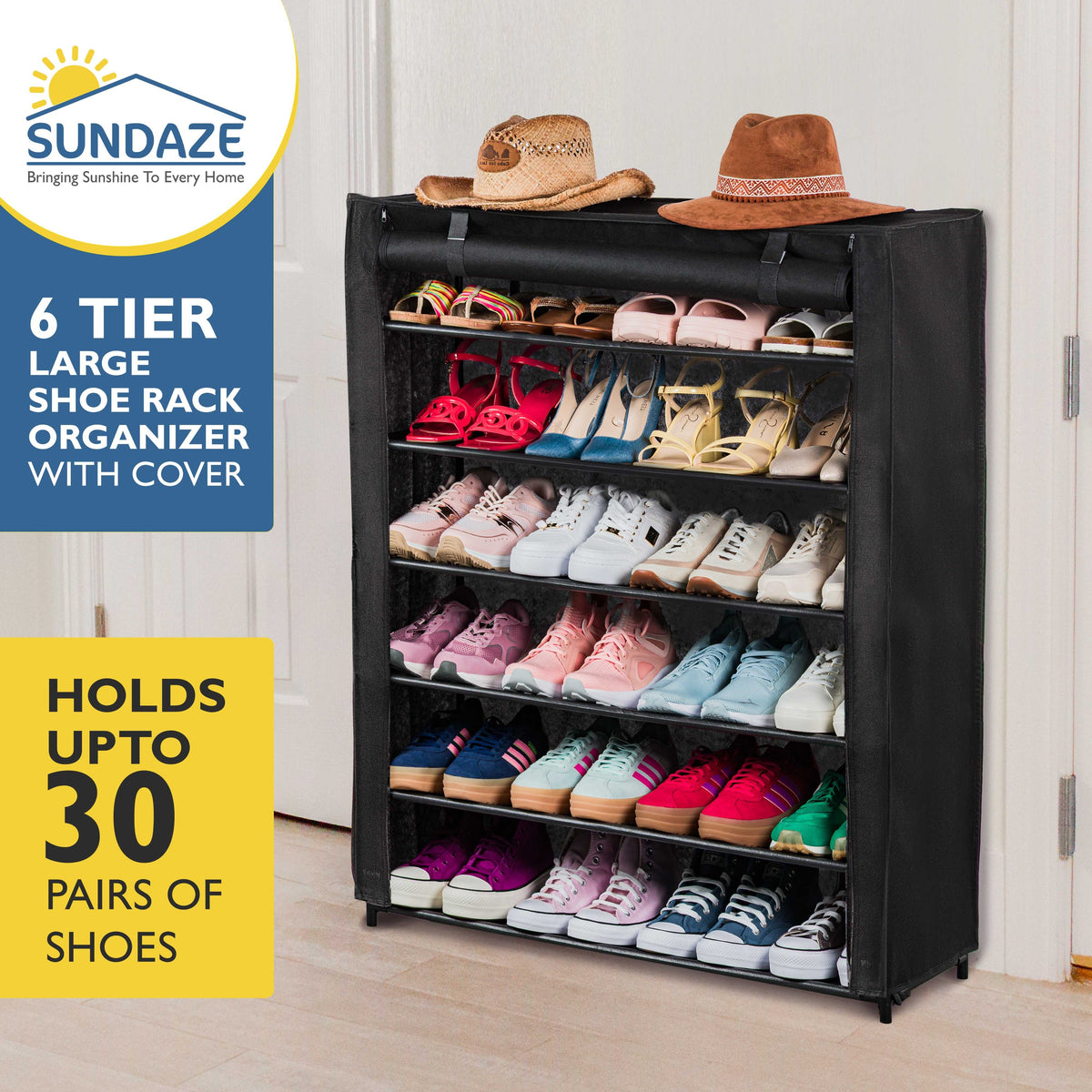 6 Tier Shoe Organizer, Sturdy Tall Shoe Rack for Closet, Bedroom, Garage, Non Woven Fabric Shelf, Black, Holds Up to 30 Pairs