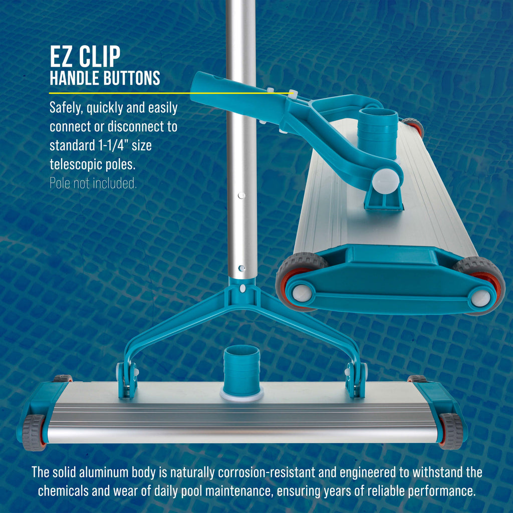 Heavy-Duty 17.5" Weighted Pool Vacuum Head with Aluminum Body - 5.6 lb Manual Inground Vacuum Head, Scrub Bristles, 1-1/2" Swivel Hose Connection
