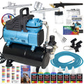 Super Cool Runner Dual Fan Air Compressor with Storage Tank - Airbrushing System Kit with 3 Airbrushes, 6 Color Acrylic Paint Art Set