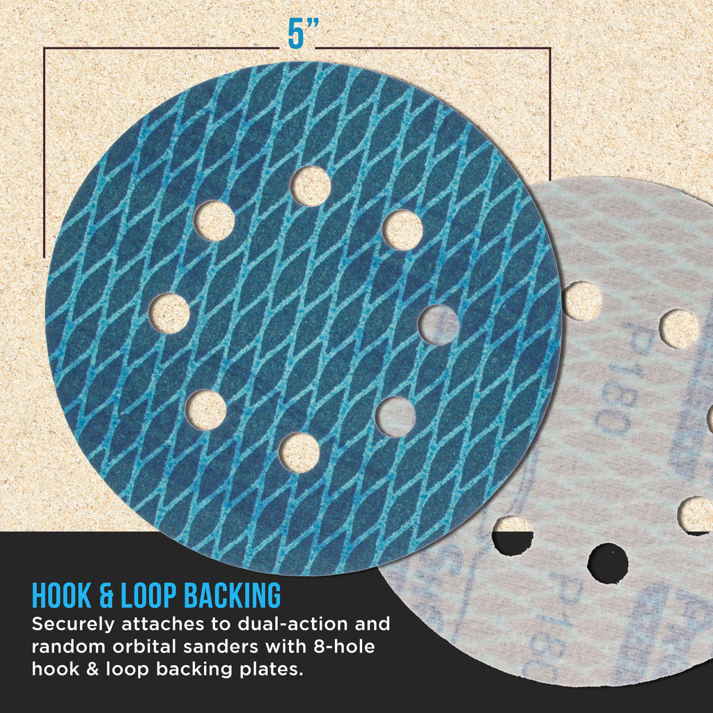 Premium 180 Grit 5" Rhombus Diamond Shape Blue Sanding Discs, 8-Hole, Box of 50 - Hook & Loop Anti-Clogging J-Cloth Dustless Sandpaper for Random Orbital Sanders