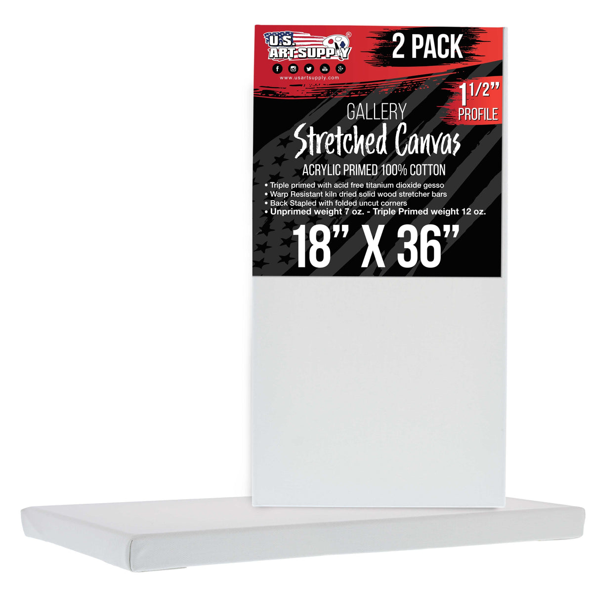 Large Stretched Canvas for Painting 18x36 inch Gallery Depth 1-1/2" Thick, 2-Pack - 12oz Acrylic Gesso Triple Primed, Professional Artist Quality, 100% Cotton - Oil, Pouring Paint