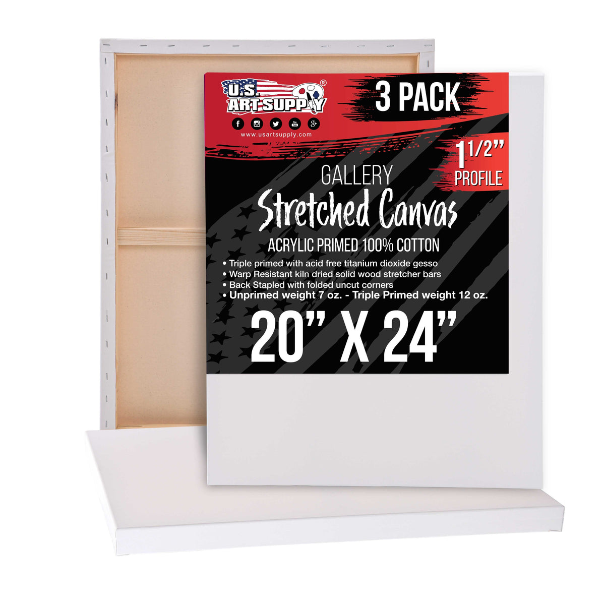 Large Stretched Canvas for Painting 20x24 inch Gallery Depth 1-1/2" Thick, 3-Pack - 12oz Acrylic Gesso Triple Primed, Professional Artist Quality, 100% Cotton - Oil, Pouring Paint