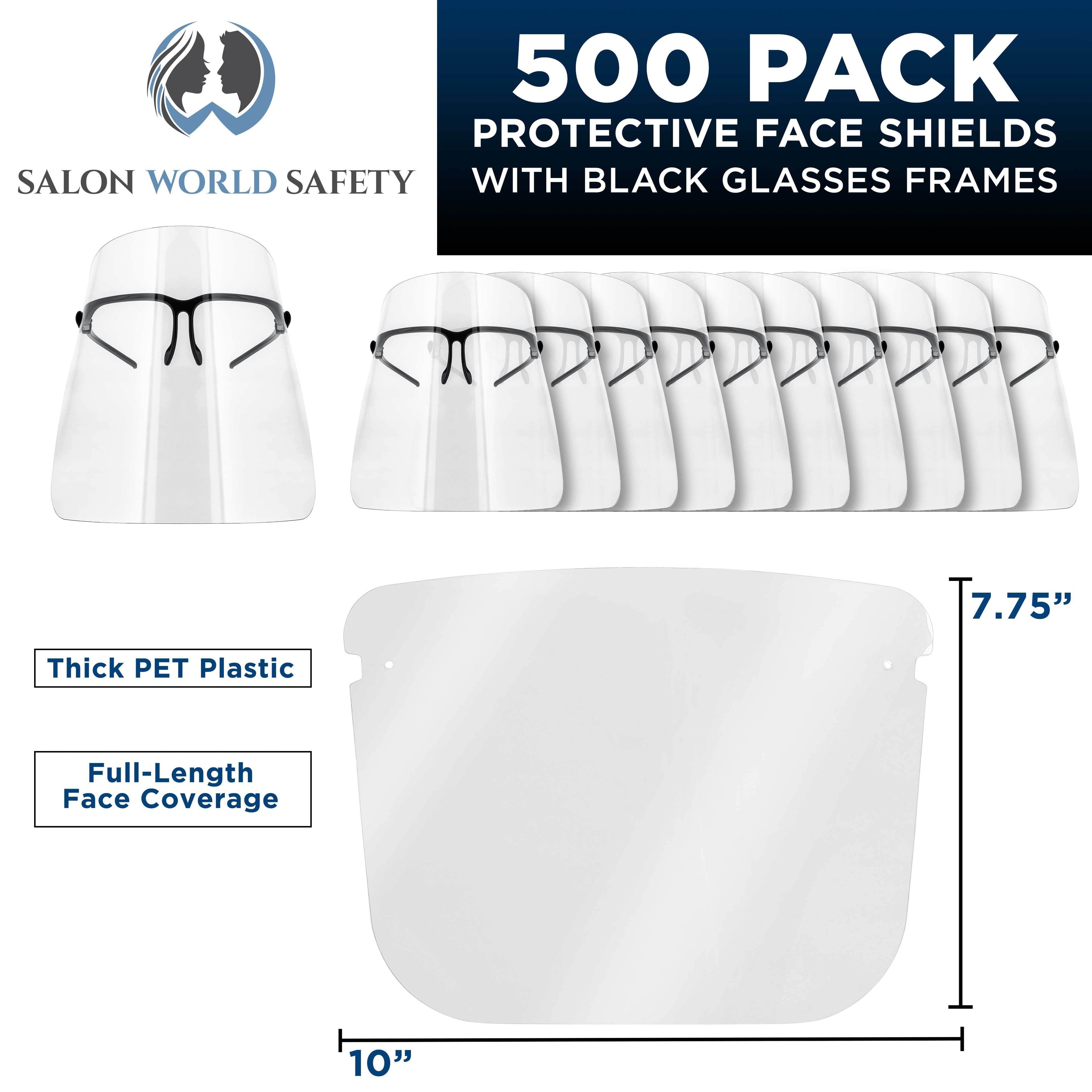 Face Shields with Black Glasses Frames (20 Packs of 25) - Ultra Clear Protective Full Face Shields to Protect Eyes Nose Mouth - Anti-Fog PET Plastic