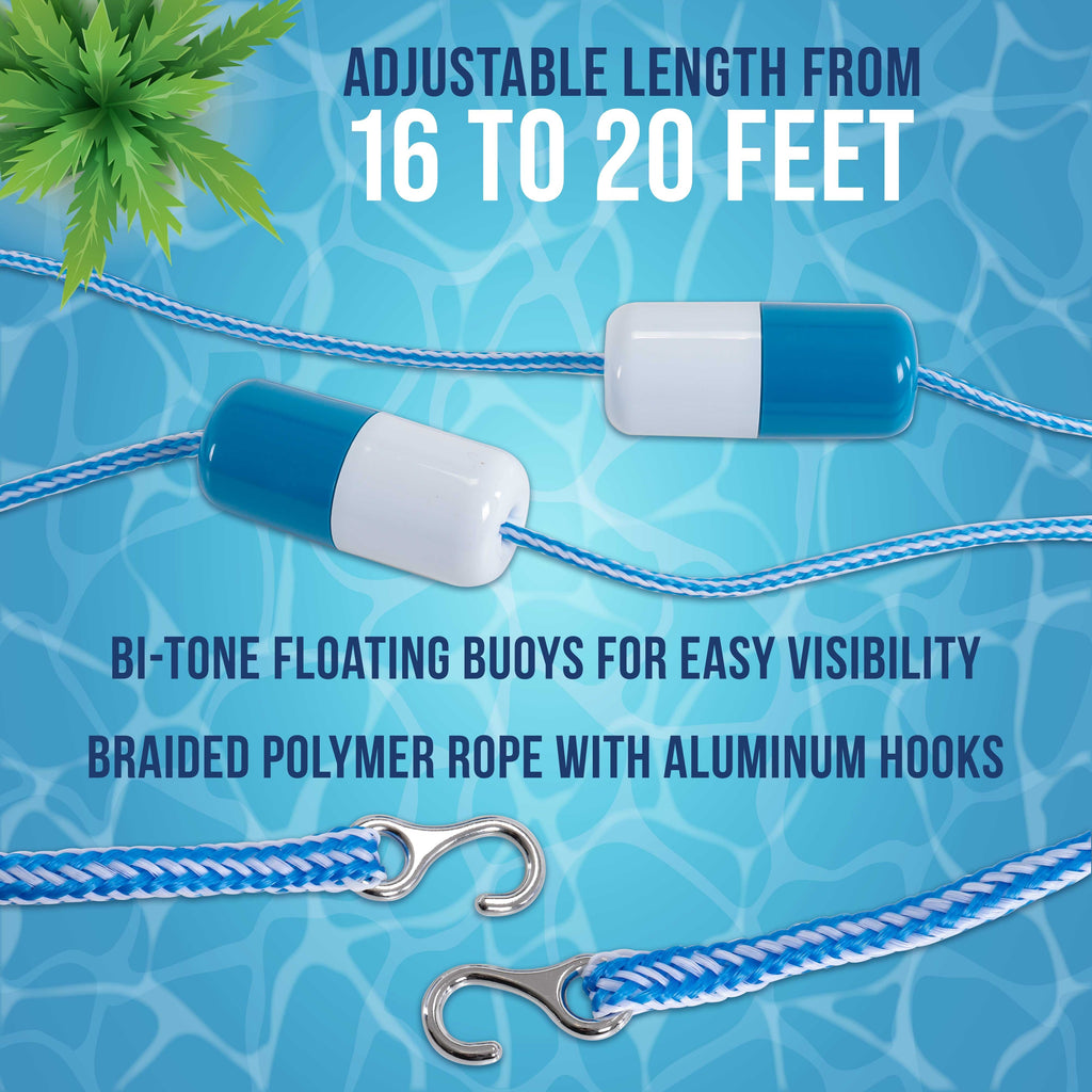 Swimming Pool Adjustable Length 16 to 20 Feet Safety Rope with Floating Buoys - Section Off Hazardous Areas, Dividing Lanes, Hooks