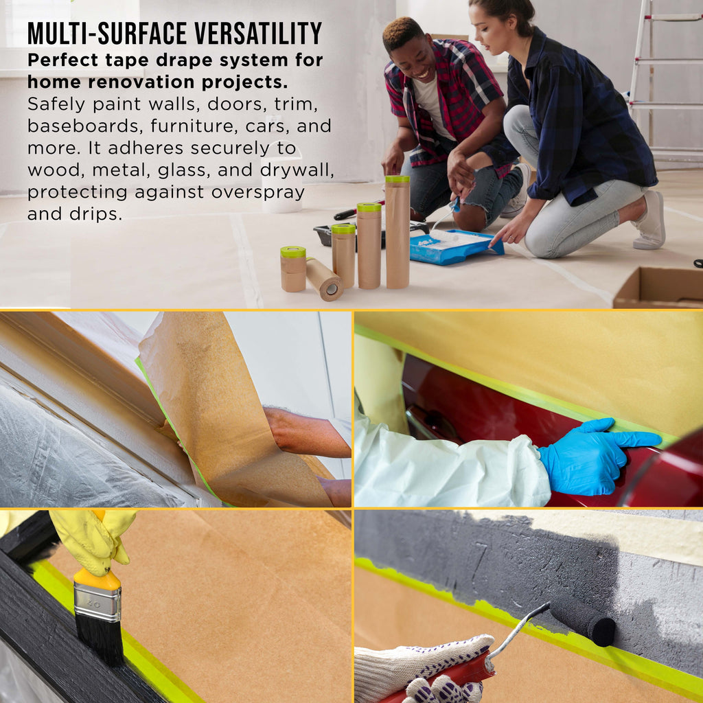 Pre-Taped Masking Paper for Painting (Variety Pack 6", 12", 18", 24" x 50' Rolls) Tape and Drape Painters Paper, Protective Covering