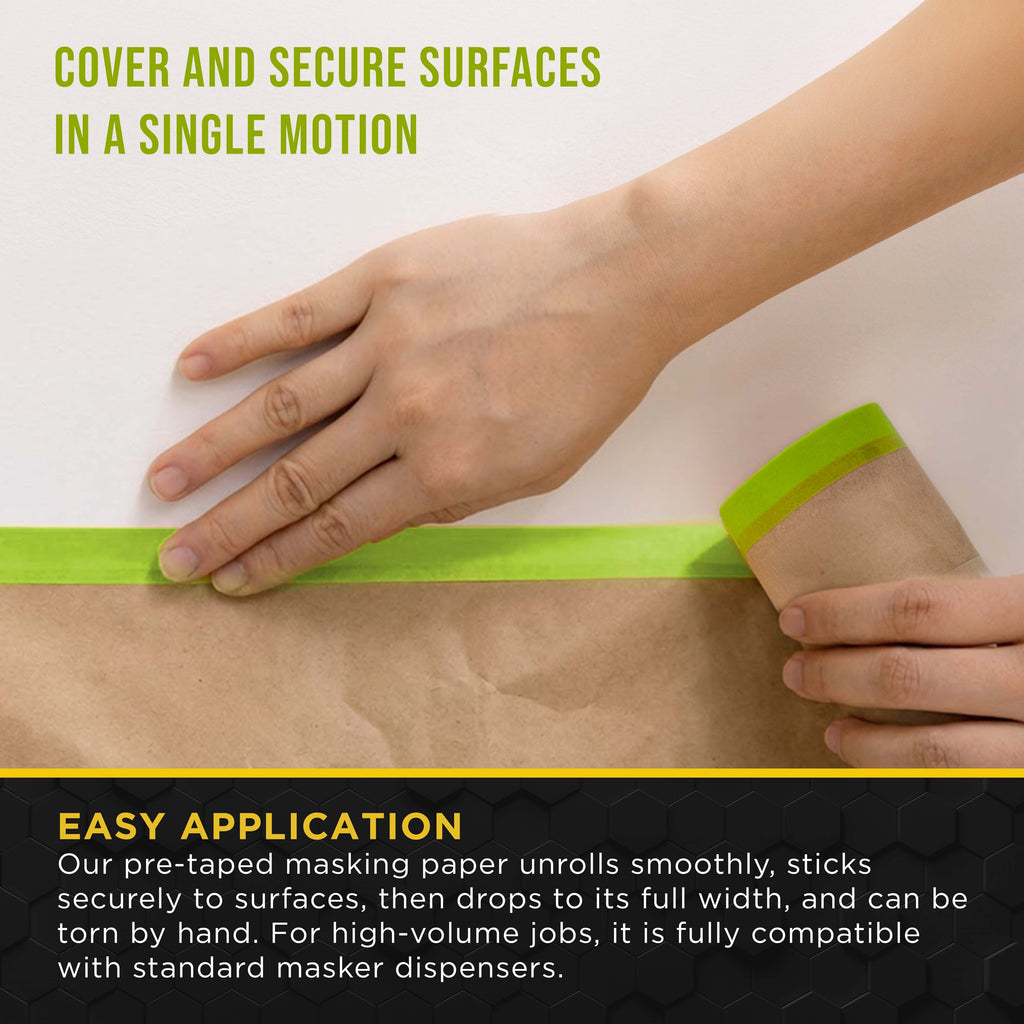 Pre-Taped Masking Paper for Painting (18" x 50', 2 Rolls) - Tape and Drape Painters Paper, Protective Covering, Overspray Barrier