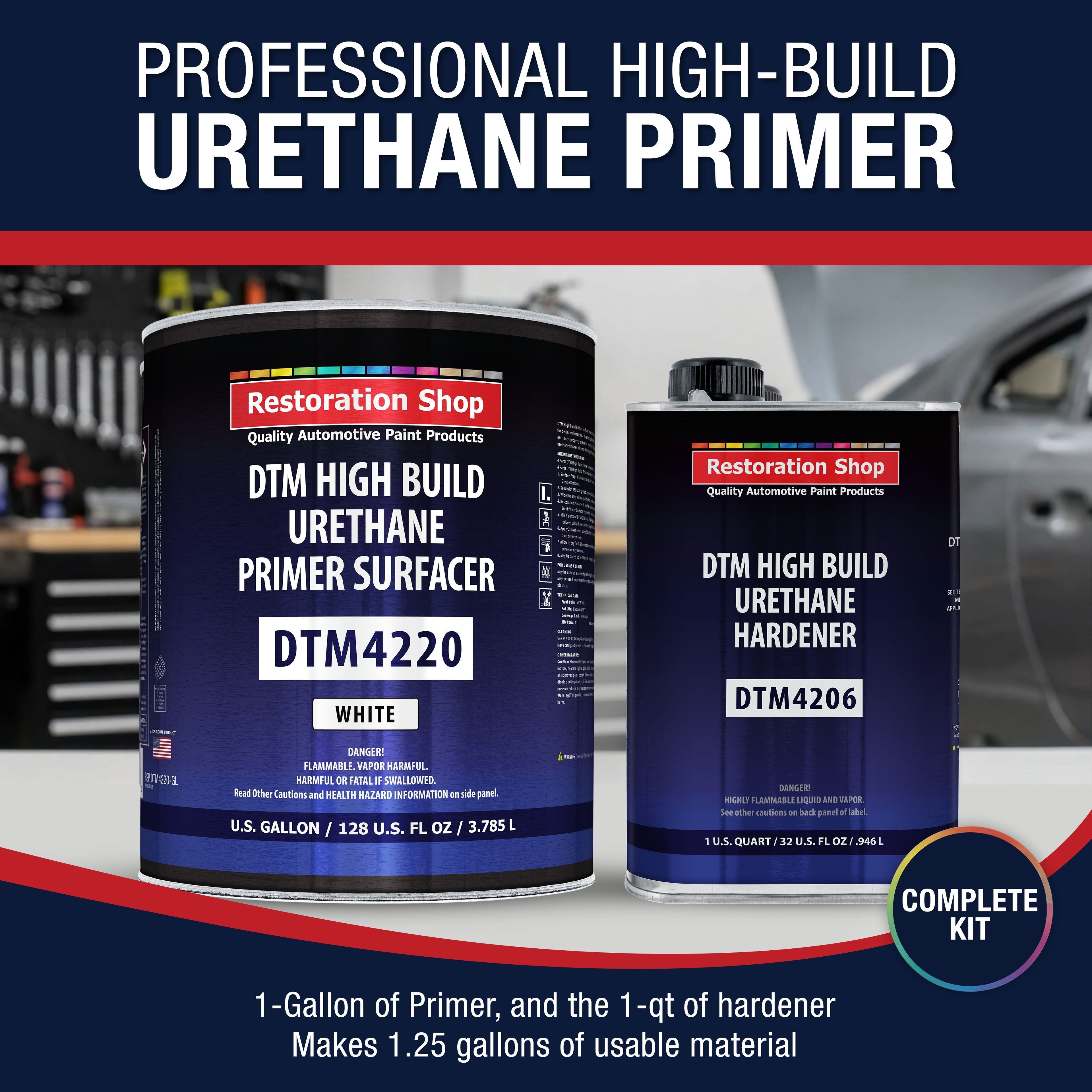 1.25 Gallon 2K High Build Primer Automotive Paint Kit - 1 Gal. White Urethane Primer Surfacer, 1 Qt Hardener, 4:1 Mix Ratio
