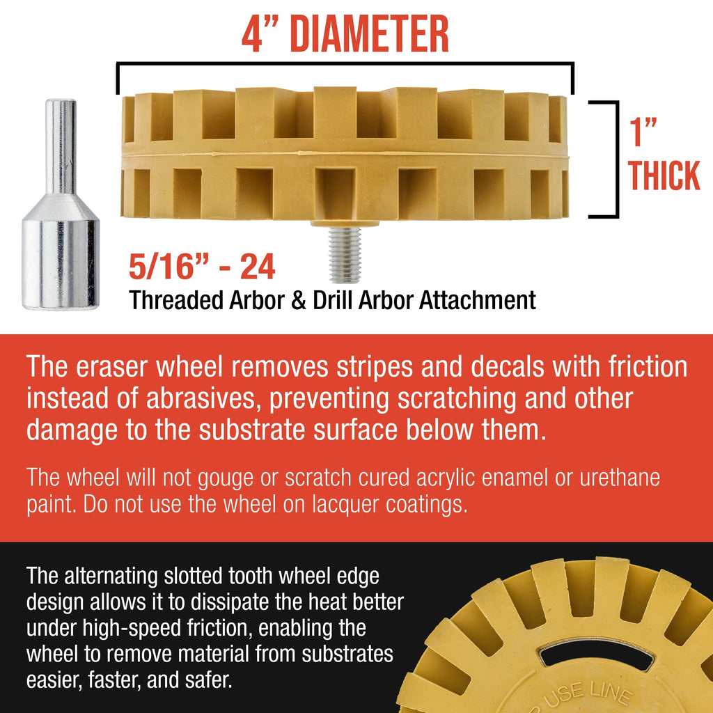 Rubber Eraser Wheel with Drill Adapter (4 Pack) - 4" Knobby Slotted Edge Pad - Decal Remover Wheel - Sticker Remover Tool - Removes Adhesives on Car