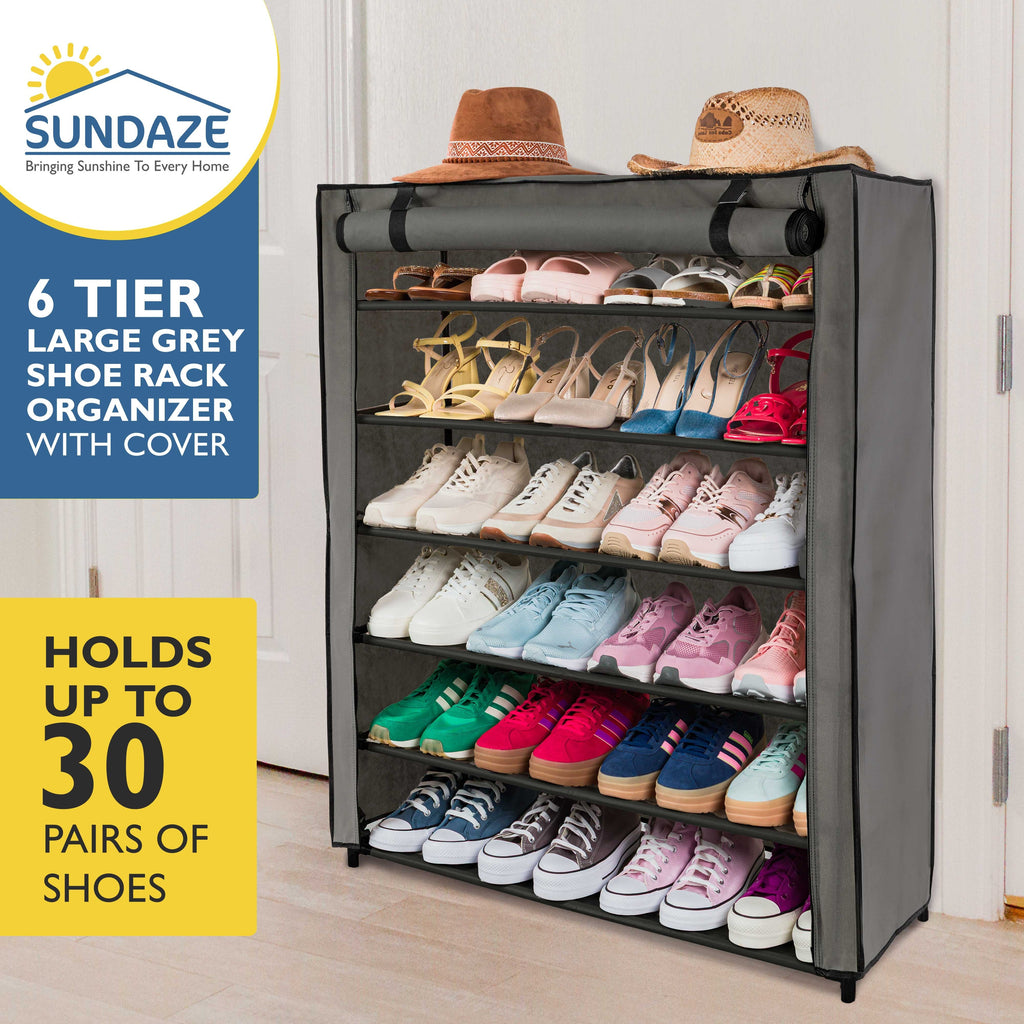 6 Tier Shoe Organizer, Sturdy Tall Shoe Rack for Closet, Bedroom, Garage, Non Woven Fabric Shelf, Grey, Holds Up to 30 Pairs