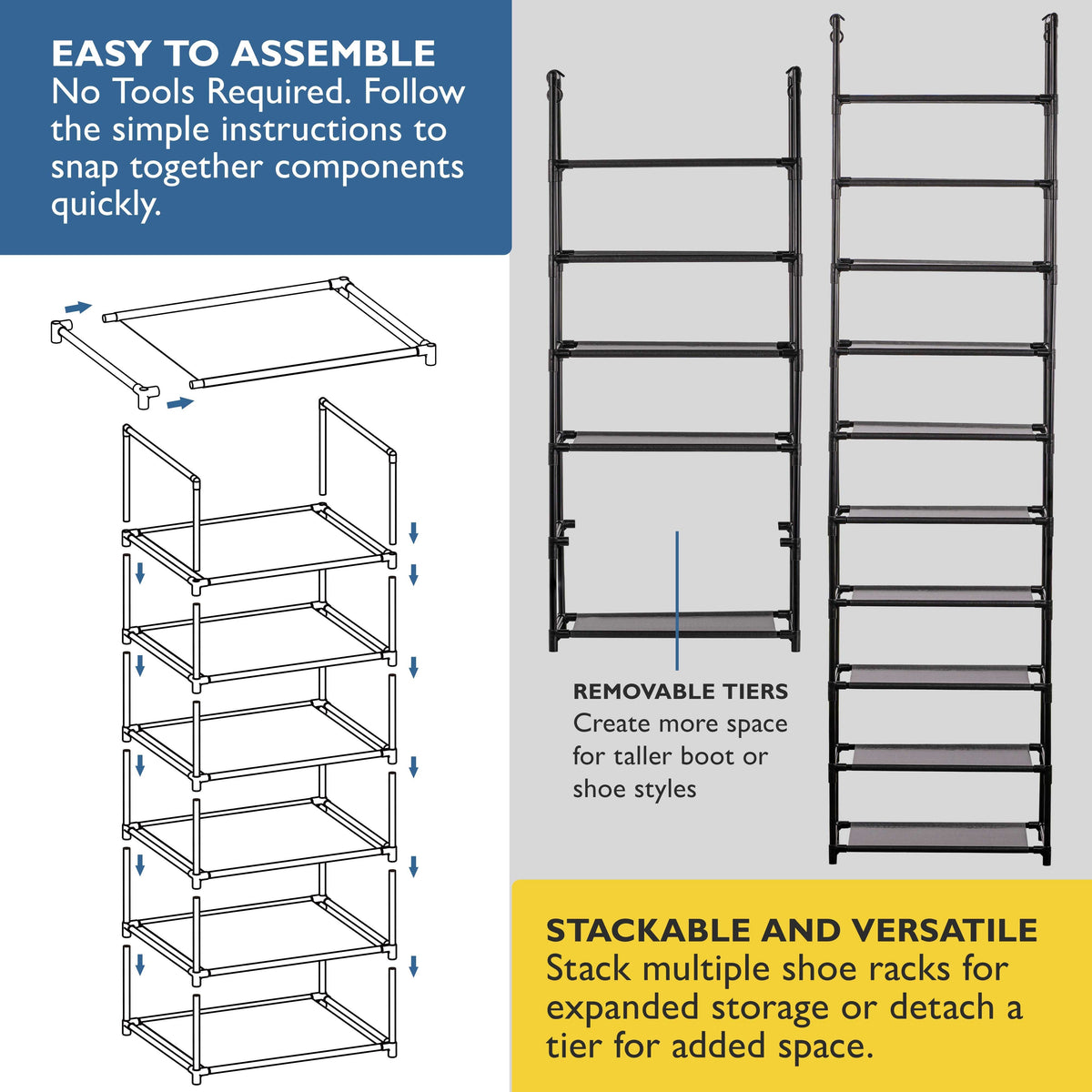 6 Tier Tall Shoe Organizer, Sturdy Stackable Shoe Rack for Closet, Bedroom, Entryway, Garage, Non Woven Fabric Shelf, Black, Holds 12-18 Pairs