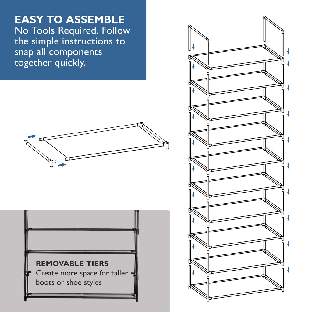 10 Tier Shoe Organizer, Sturdy Tall Shoe Rack for Closet, Bedroom, Entryway, Garage, Non Woven Fabric Shelf, Black, Holds Up to 50 Pairs