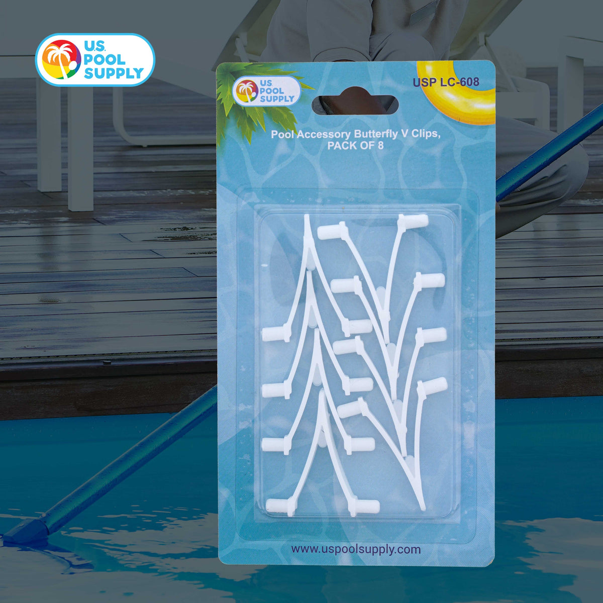 Pool Butterfly V Clips, Pack of 8 - Plastic Pool Accessory Replacement Clips for Handles on Skimmer Nets, Leaf Rakes, Brushes, Vacuum