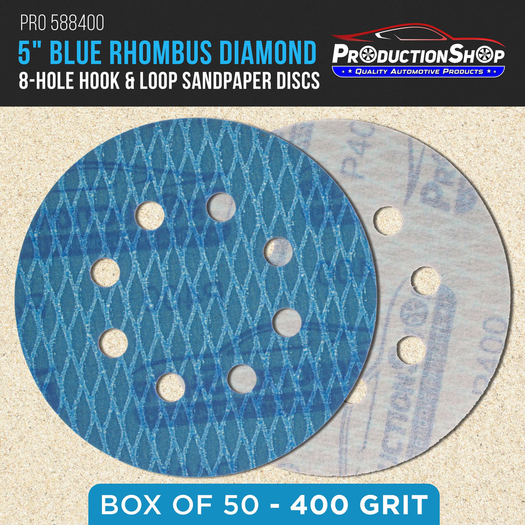 Premium 400 Grit 5" Rhombus Diamond Shape Blue Sanding Discs, 8-Hole, Box of 50 - Hook & Loop Anti-Clogging J-Cloth Dustless Sandpaper for Random Orbital Sanders