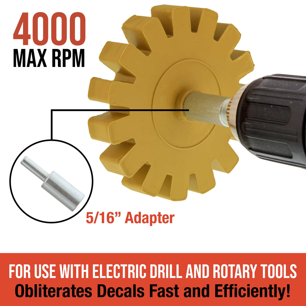 Rubber Eraser Wheel with Drill Adapter - 3.5" Knobby Slotted Edge Pad - Decal Remover Wheel - Sticker Remover Tool - Pinstripe Removal - Removes
