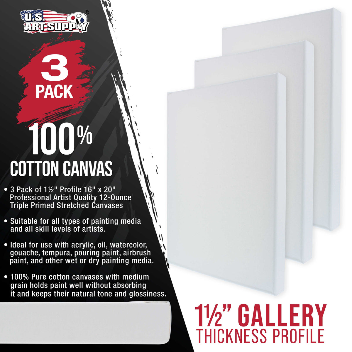 Large Stretched Canvas for Painting 16x20 inch Gallery Depth 1-1/2" Thick, 3-Pack - 12oz Acrylic Gesso Triple Primed, Professional Artist Quality, 100% Cotton - Oil, Pouring Paint