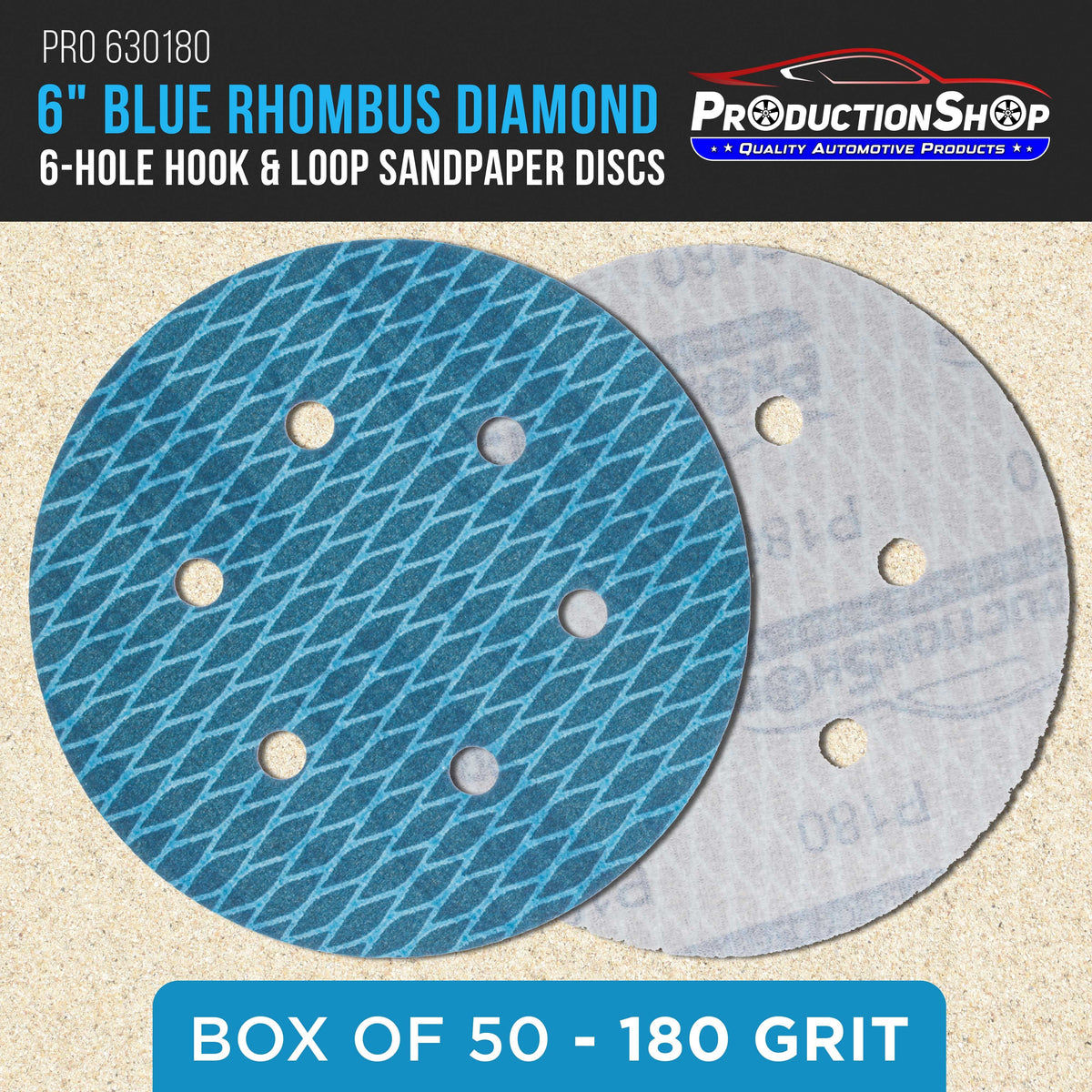 Premium 180 Grit 6" Rhombus Diamond Shape Blue Sanding Discs, 6-Hole, Box of 50 - Hook & Loop Anti-Clogging J-Cloth Dustless Sandpaper for Random Orbital Sanders