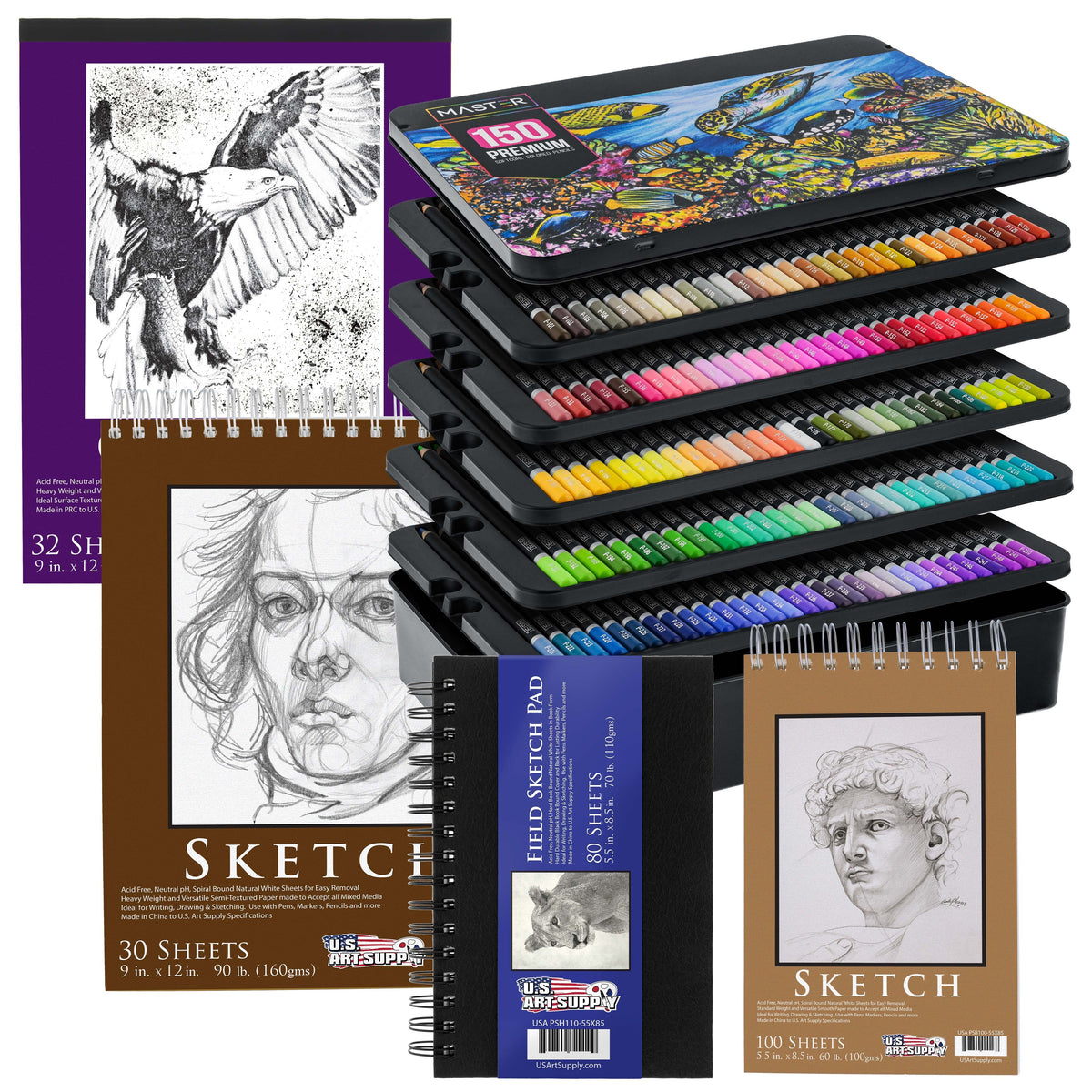 Master 150 Colored Pencil Mega Tin Set with Premium Soft Thick Core Vibrant Color Leads with 4 Different Drawing & Sketching Paper Pads