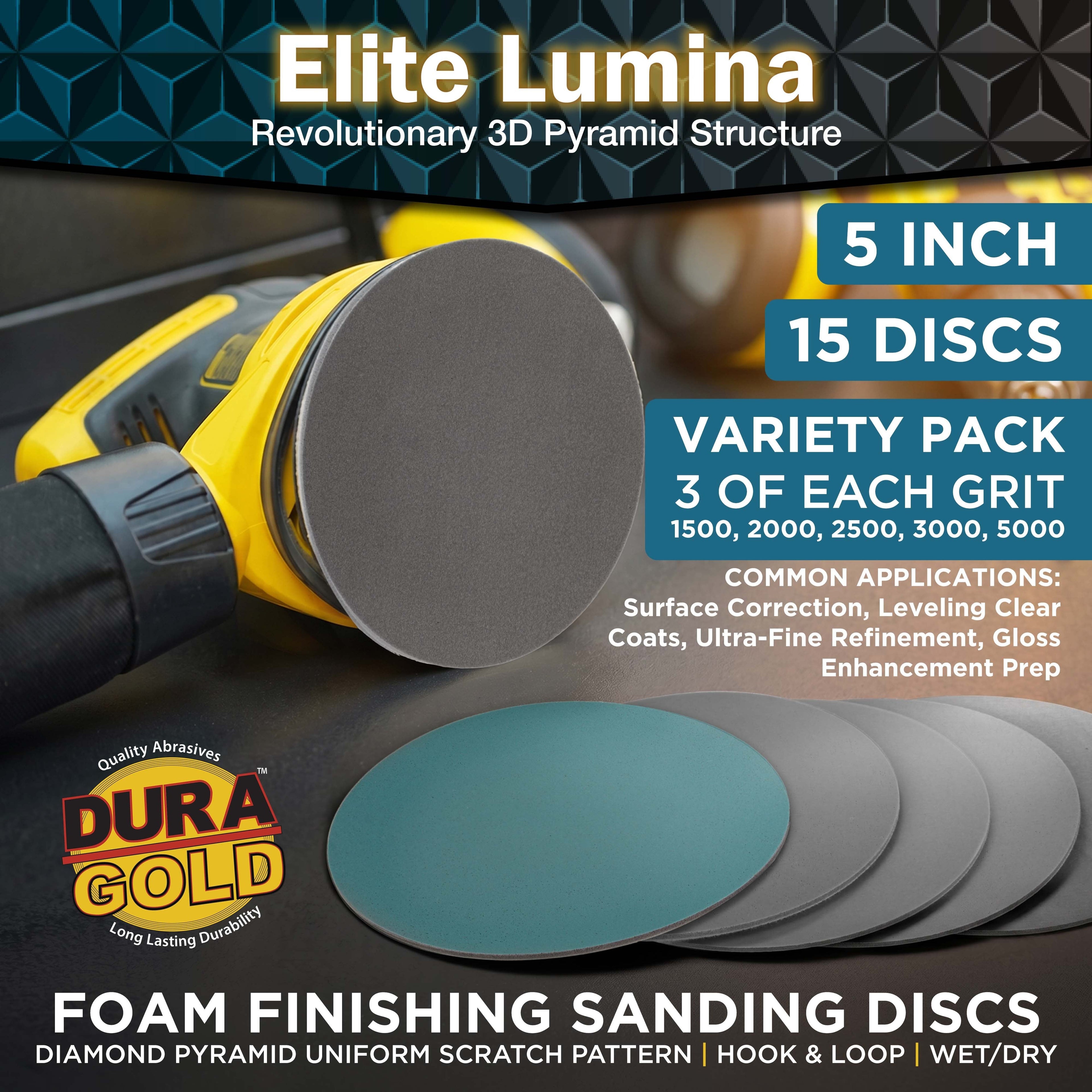 Elite Lumina 5" Foam Sanding Discs,Grits 1500 2000 2500 3000 5000, 15 Disc Variety Pack